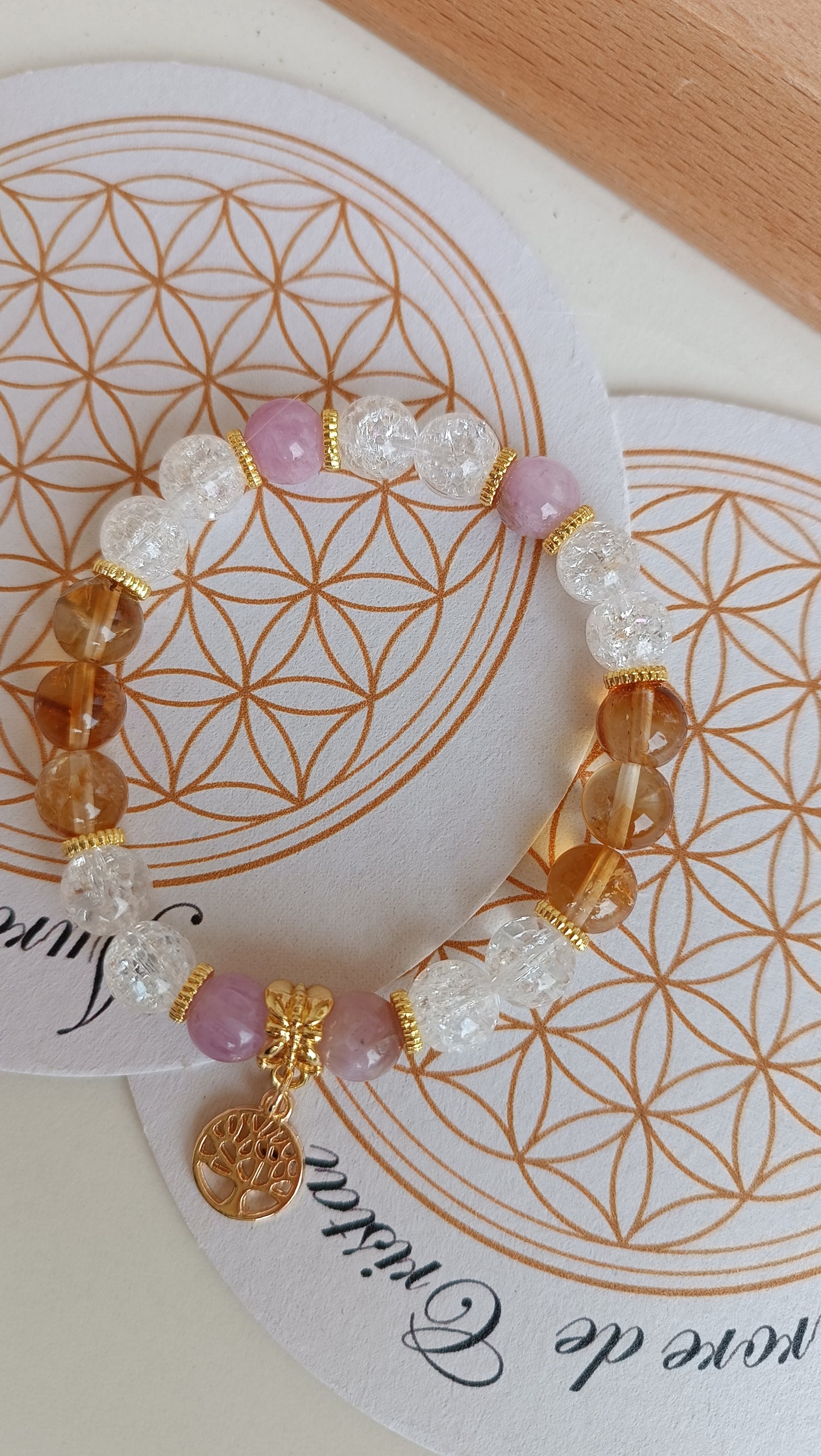 Bracelet heure miroir 12h12 - Kunzite citrine acier inoxydable arbre de vie cristal de roche auroredecristal