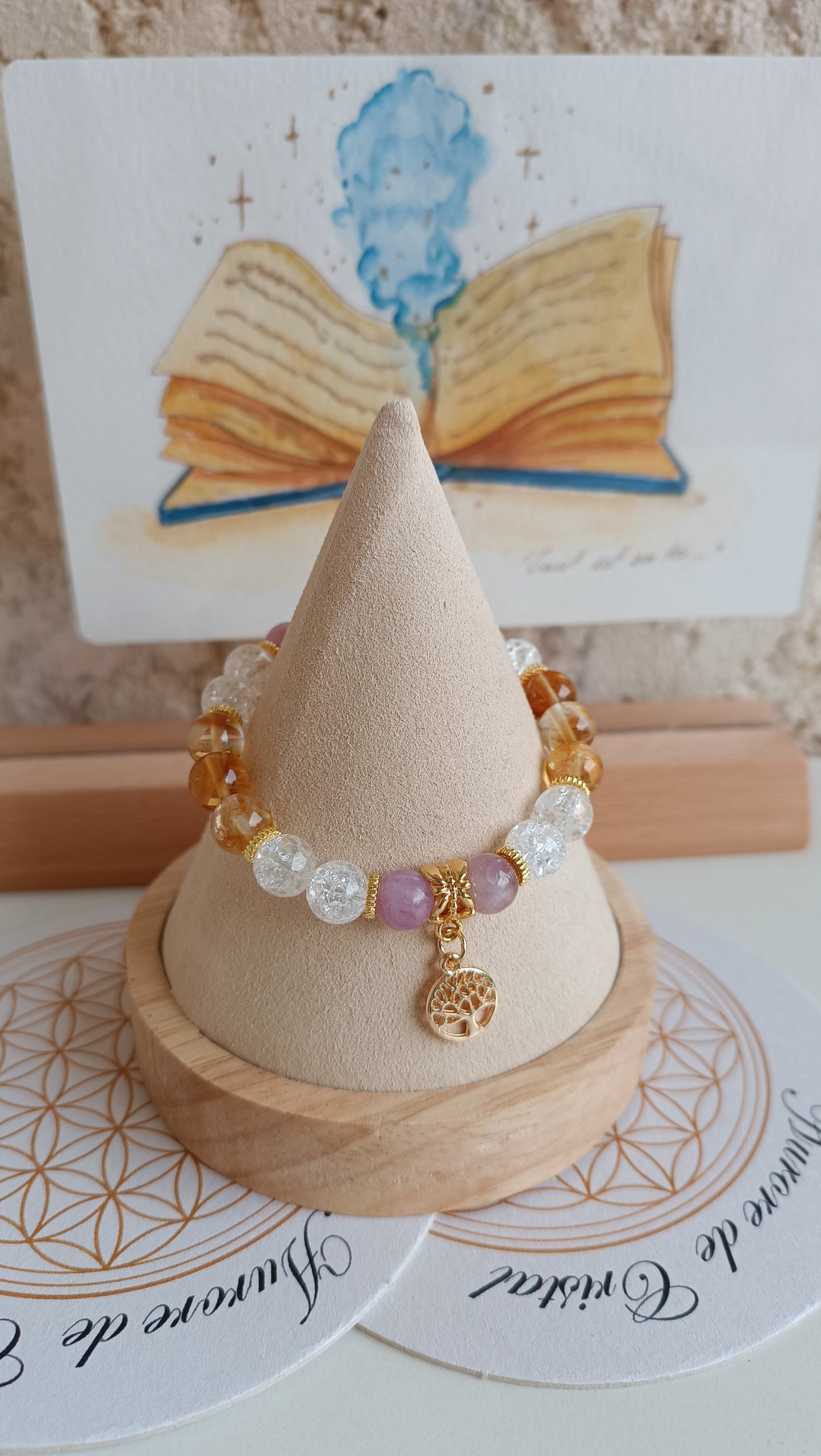 Bracelet heure miroir 12h12 - Kunzite citrine acier inoxydable arbre de vie auroredecristal