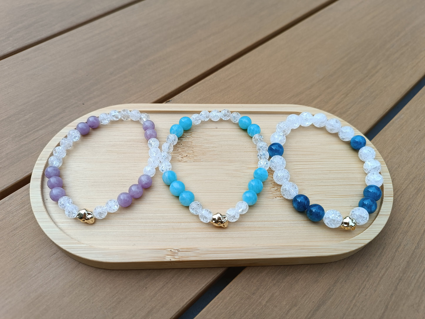 Bracelet pierres naturelles - Pépites plaqué or amazonite apatite lépidolite auroredecristal lithothérapie