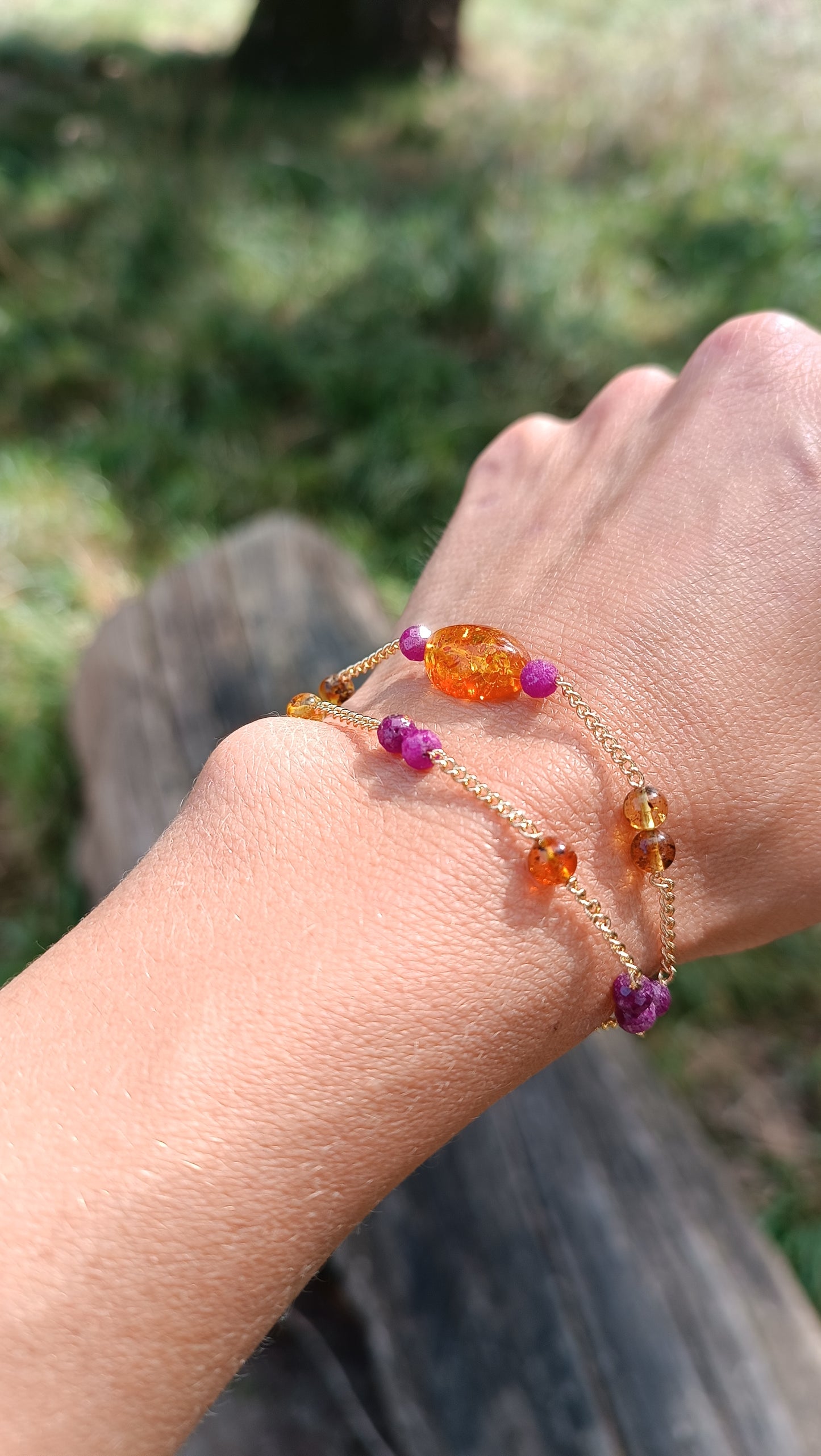 Bracelet plaqué or ambre rubis aurore de cristal chaine pierre naturelle double rang