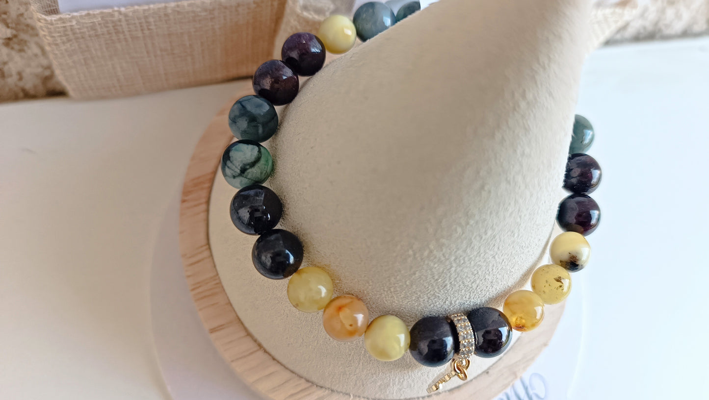 bracelet pierres naturelles ambre grenat émeraude trefles aurore de cristal doré qualité supérieur