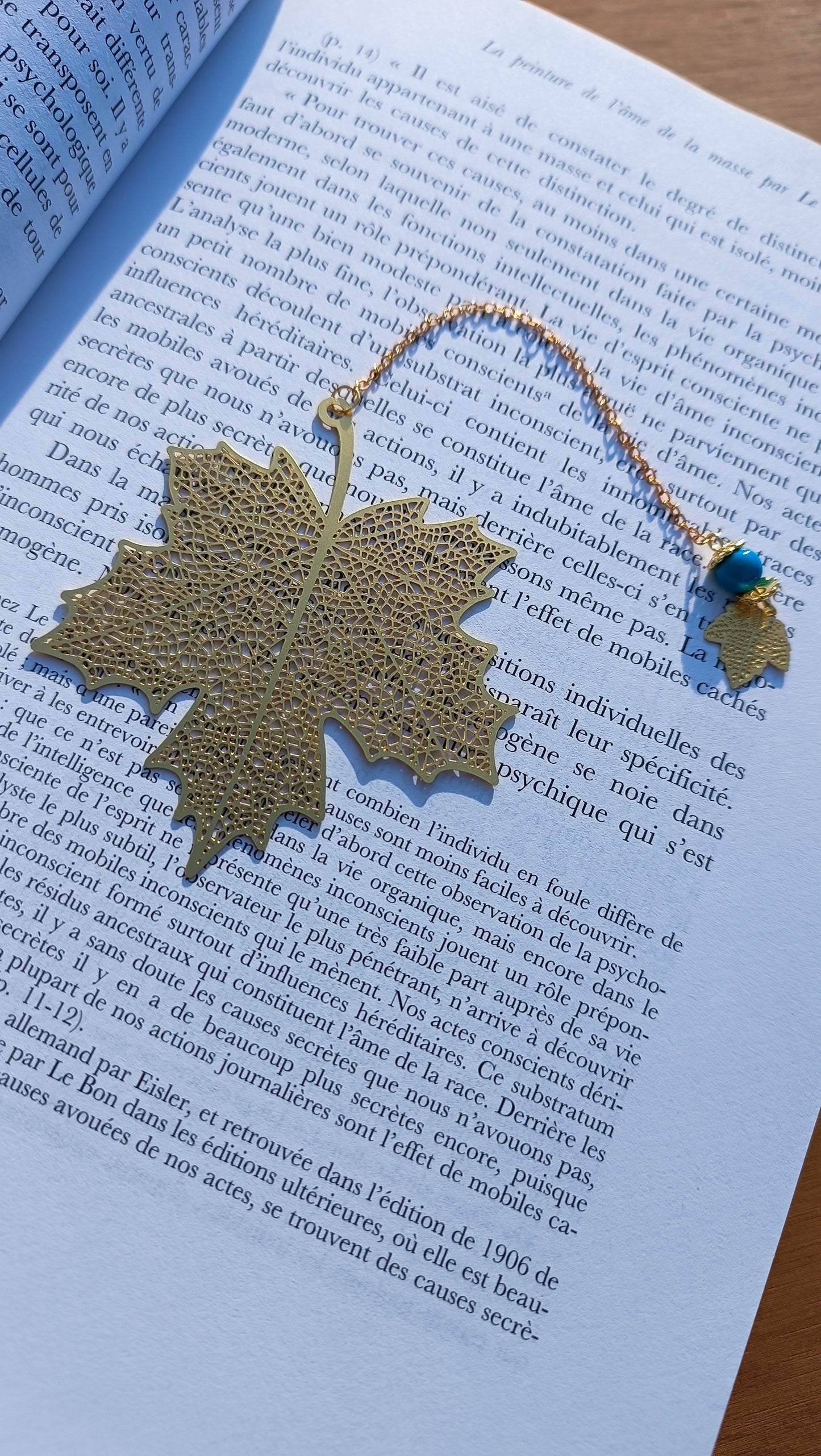 Marque page feuille doré érable trèfle turquoise aurore de cristal