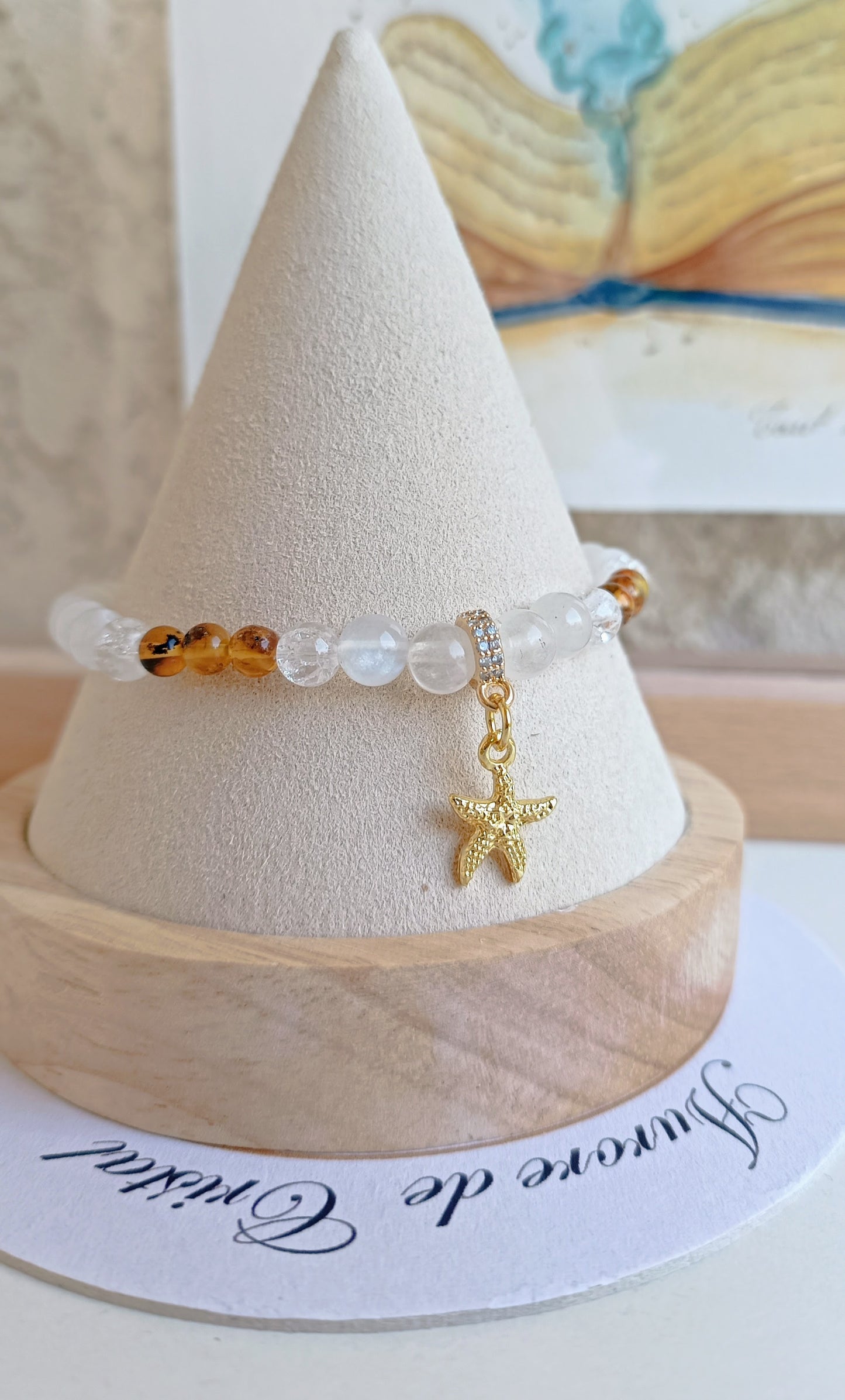 bracelet pierres naturelles ambre cristal de roche pierre de lune etoile plaqué or aurore de cristal 6mm