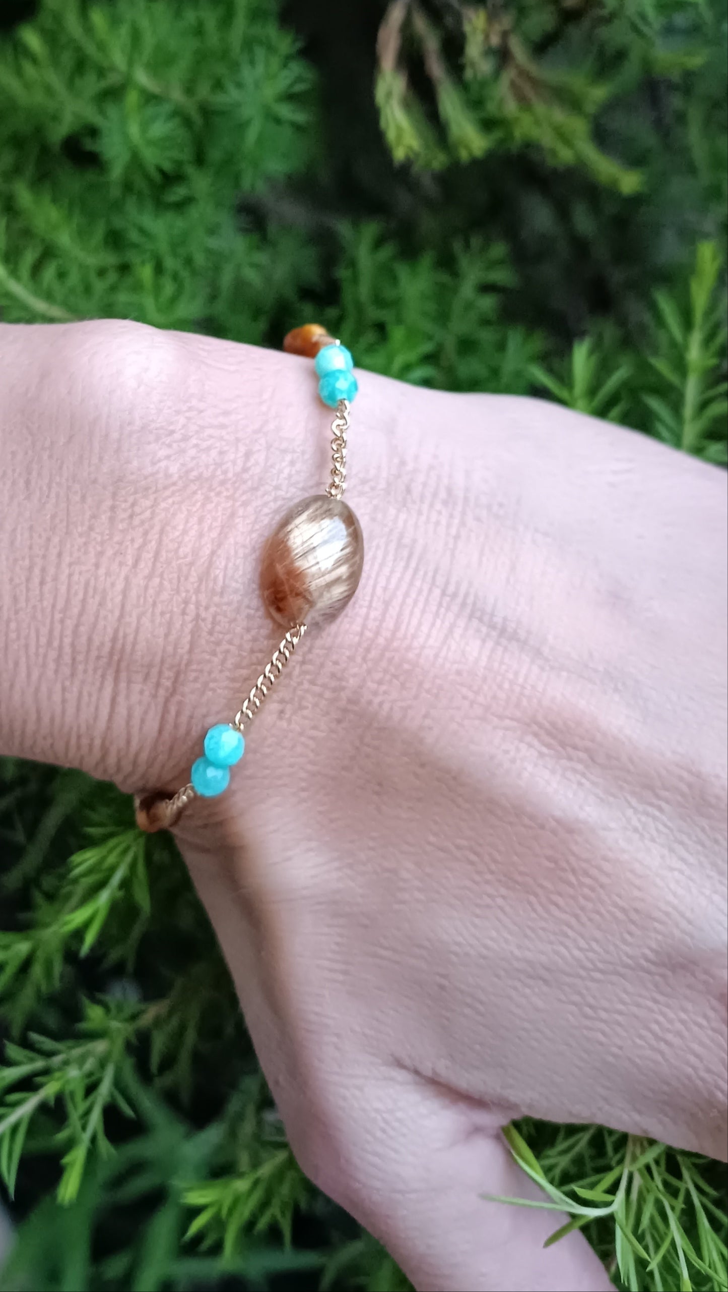 bracelet plaqué or chaine cabochon quartz rutile perle facette amazonite aurore de cristal pierres naturelle
