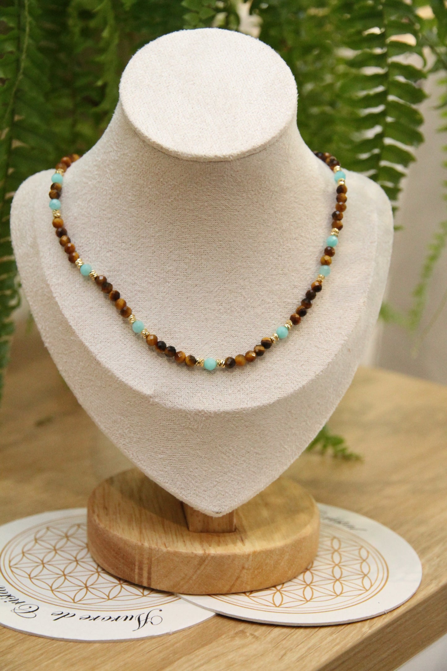collier Oeildetigre amazonite acier inoxydable aurore de cristal