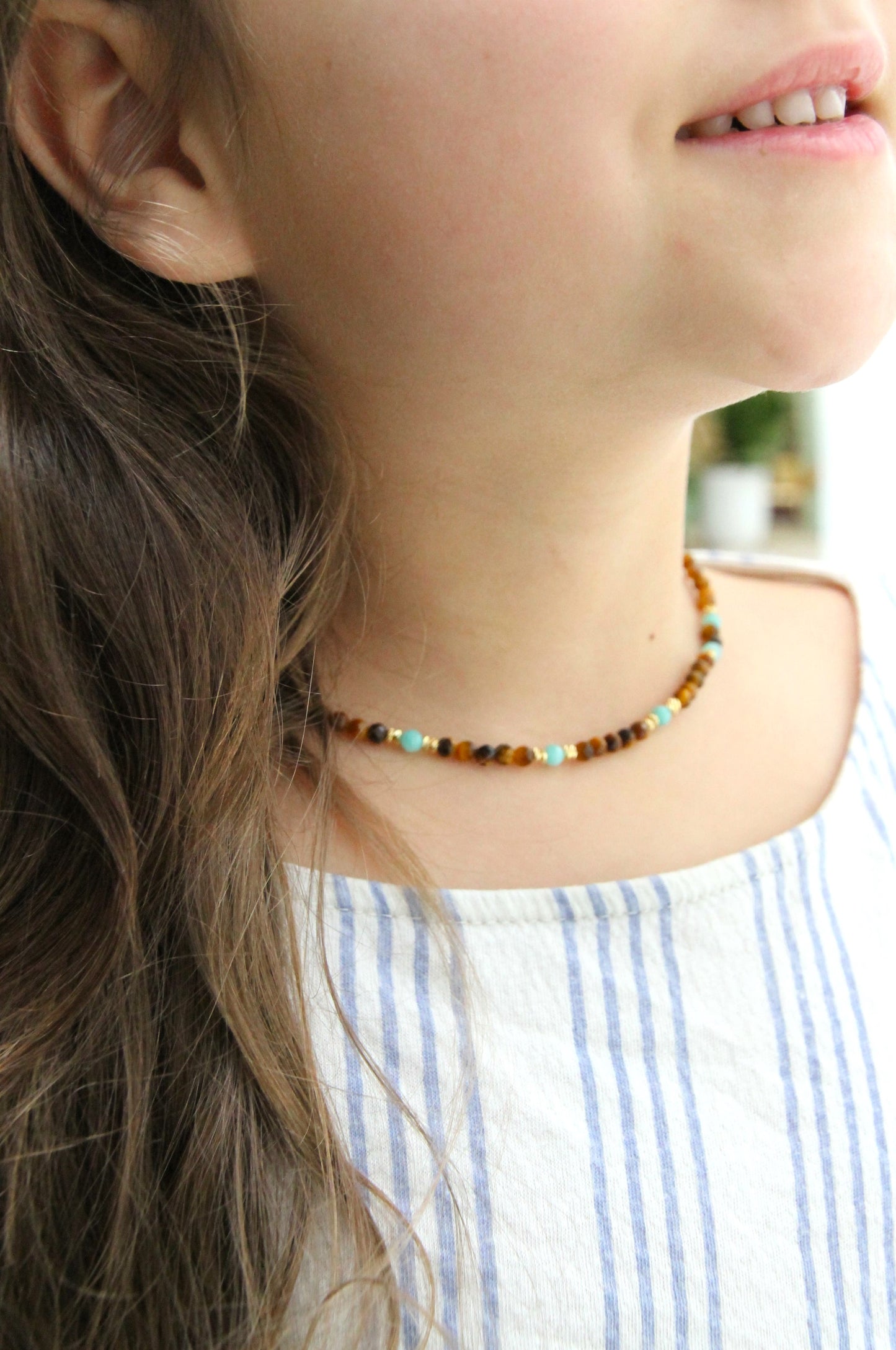 collier Oeildetigre amazonite acier inoxydable aurore de cristal