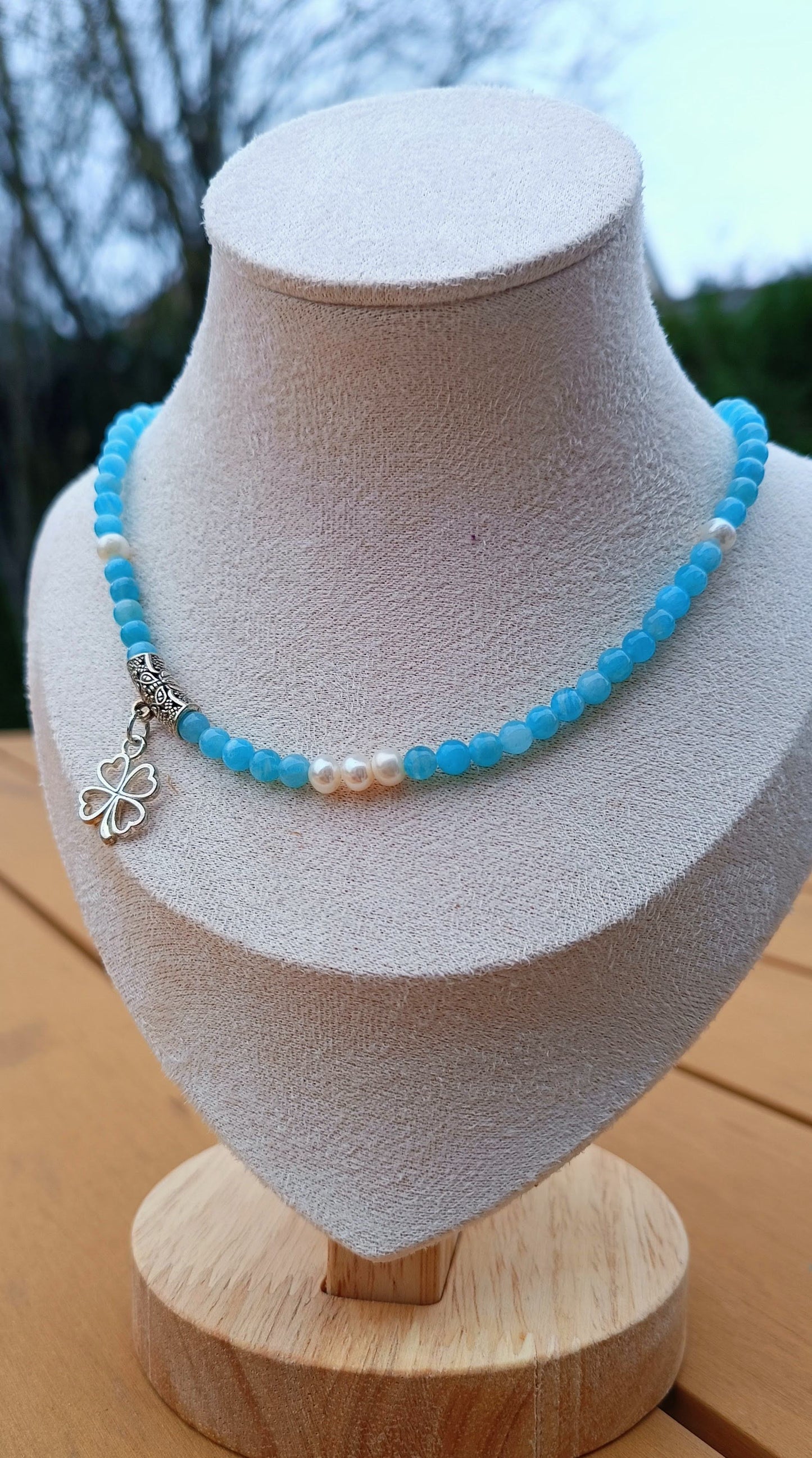 collier pierre naturelle amazonite perle de culture trèfles aurore de cristal raz de cou