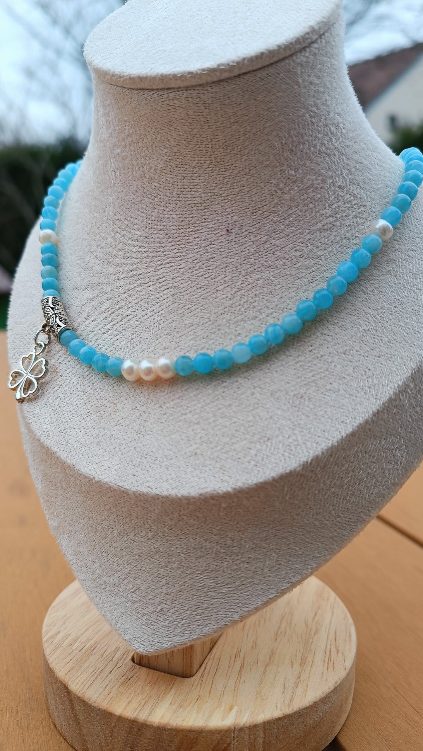 collier pierre naturelle amazonite perle de culture trèfles aurore de cristal