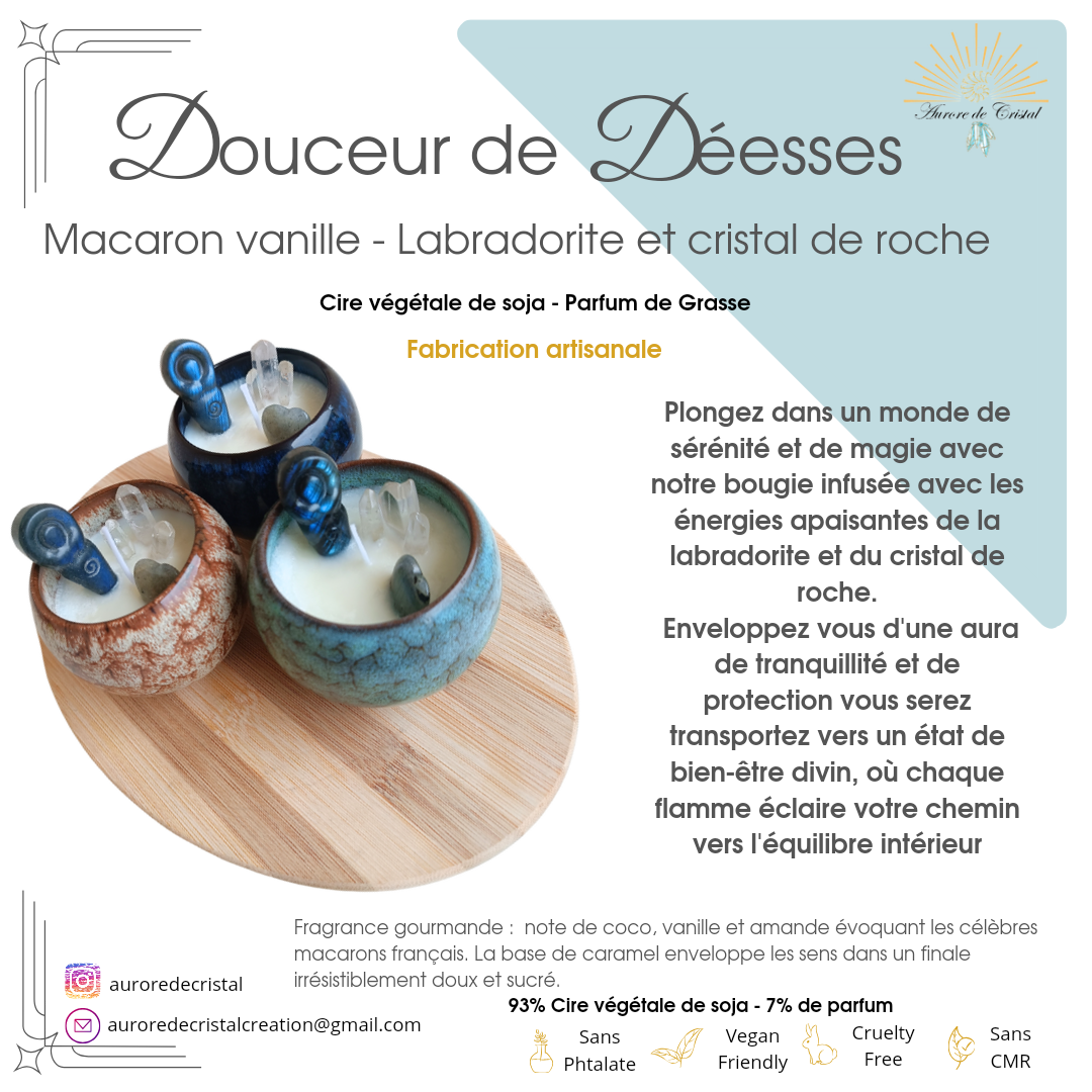 Bougies artisanales labradorite cristal de roche vanille auroredecristal