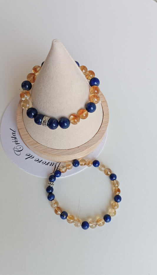 BRACELET HEURES MIROIRS 03H03 PIERRES NATURELLES 8MM AURORE DE CRISTAL LAPIS LAZULI CITRINEE