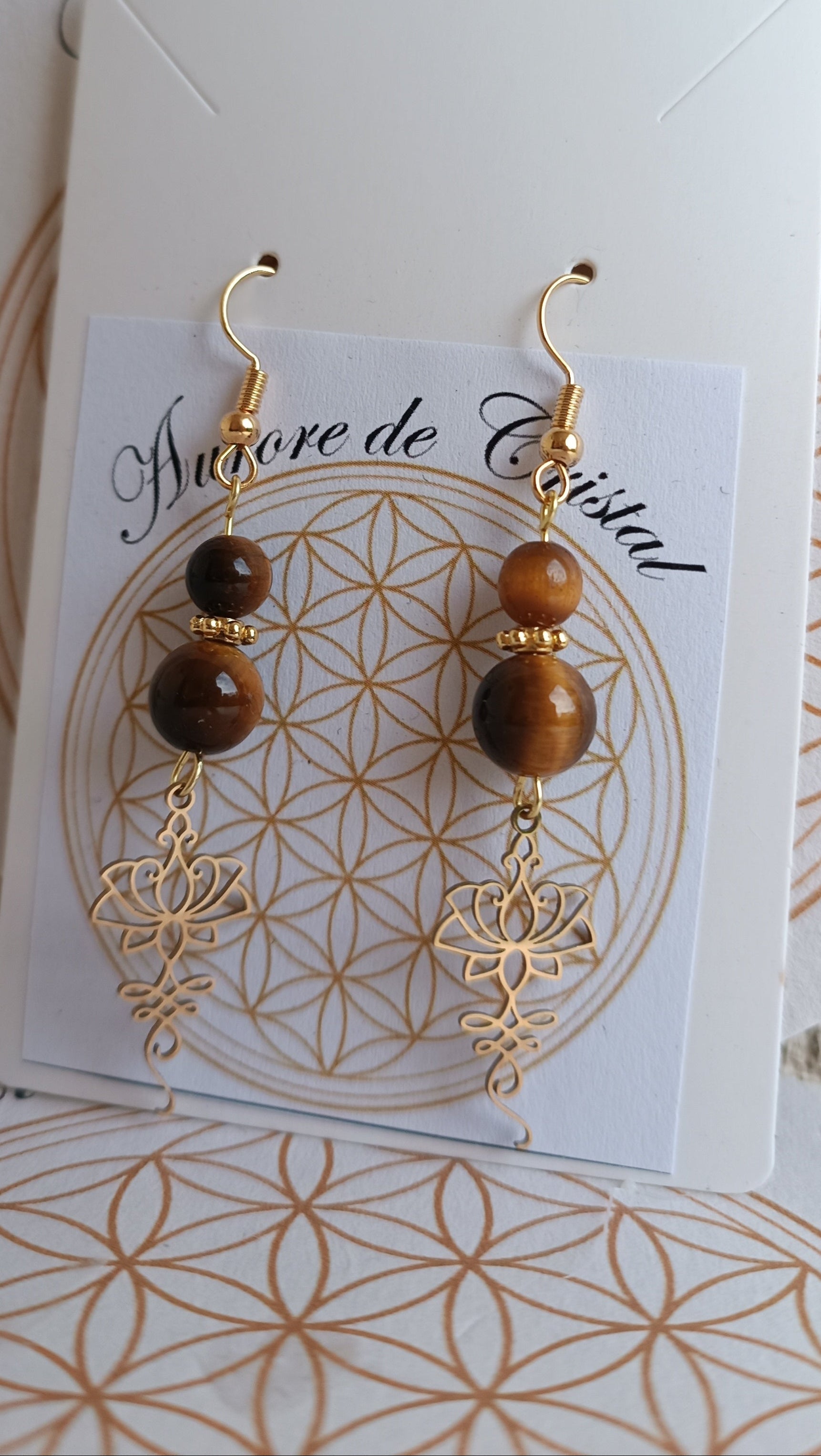 aurore de cristal Boucle d'oreille unalom œil de tigre doré 