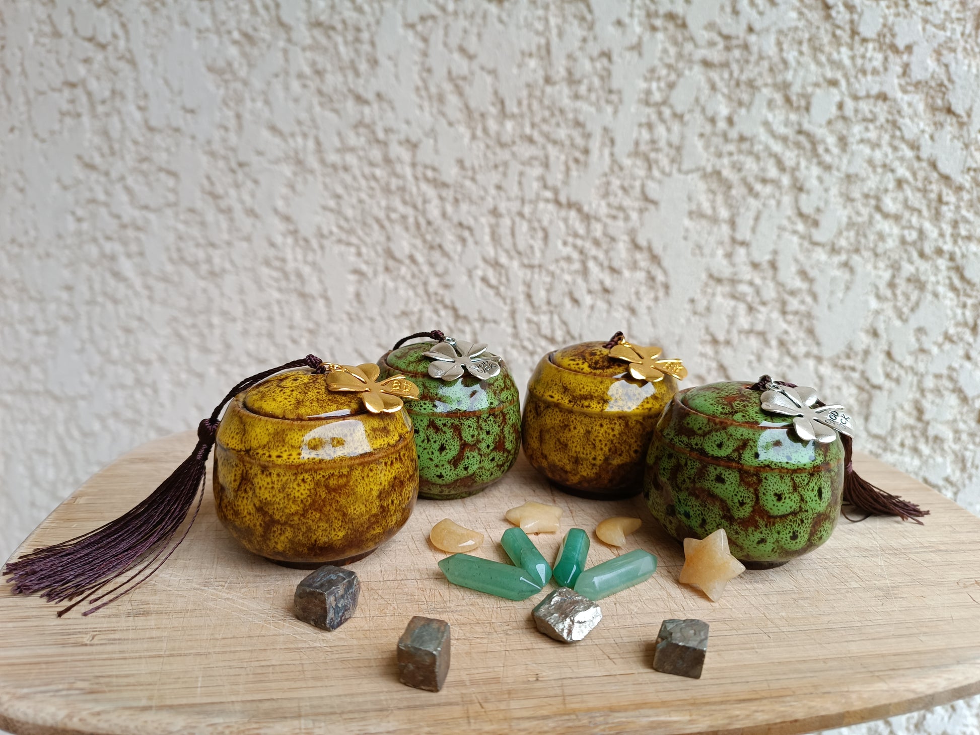 Bougies artisanales abondance pyrite jade aventurine pot céramique auroredecristal