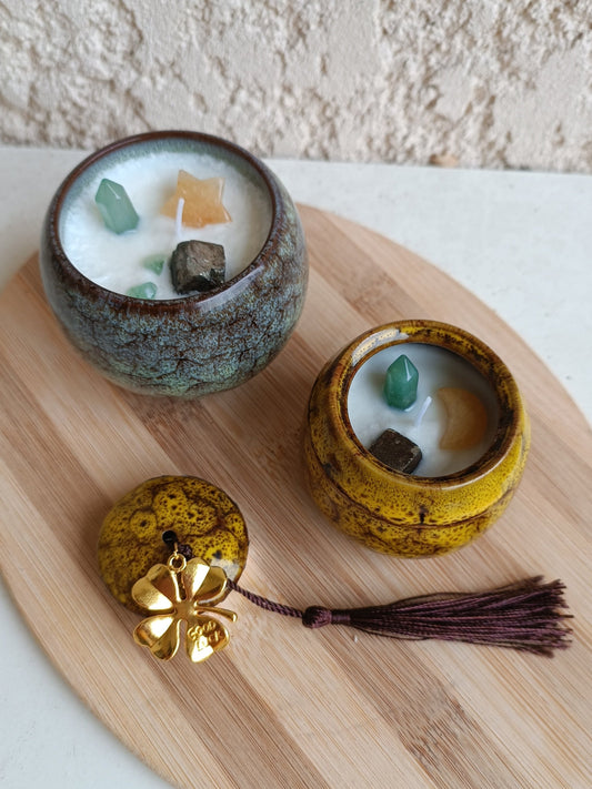 Bougies artisanales abondance pyrite jade aventurine auroredecristal