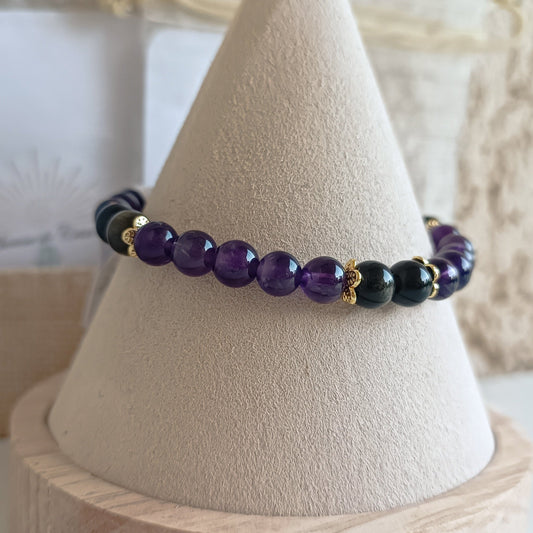 Bracelet en pierres naturelles - Heures miroirs 13h13 obsidienne doré améthyste