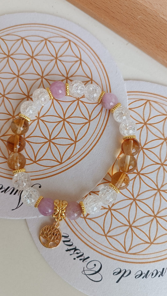 Bracelet heure miroir 12h12 - Kunzite citrine acier inoxydable arbre de vie cristal de roche auroredecristal