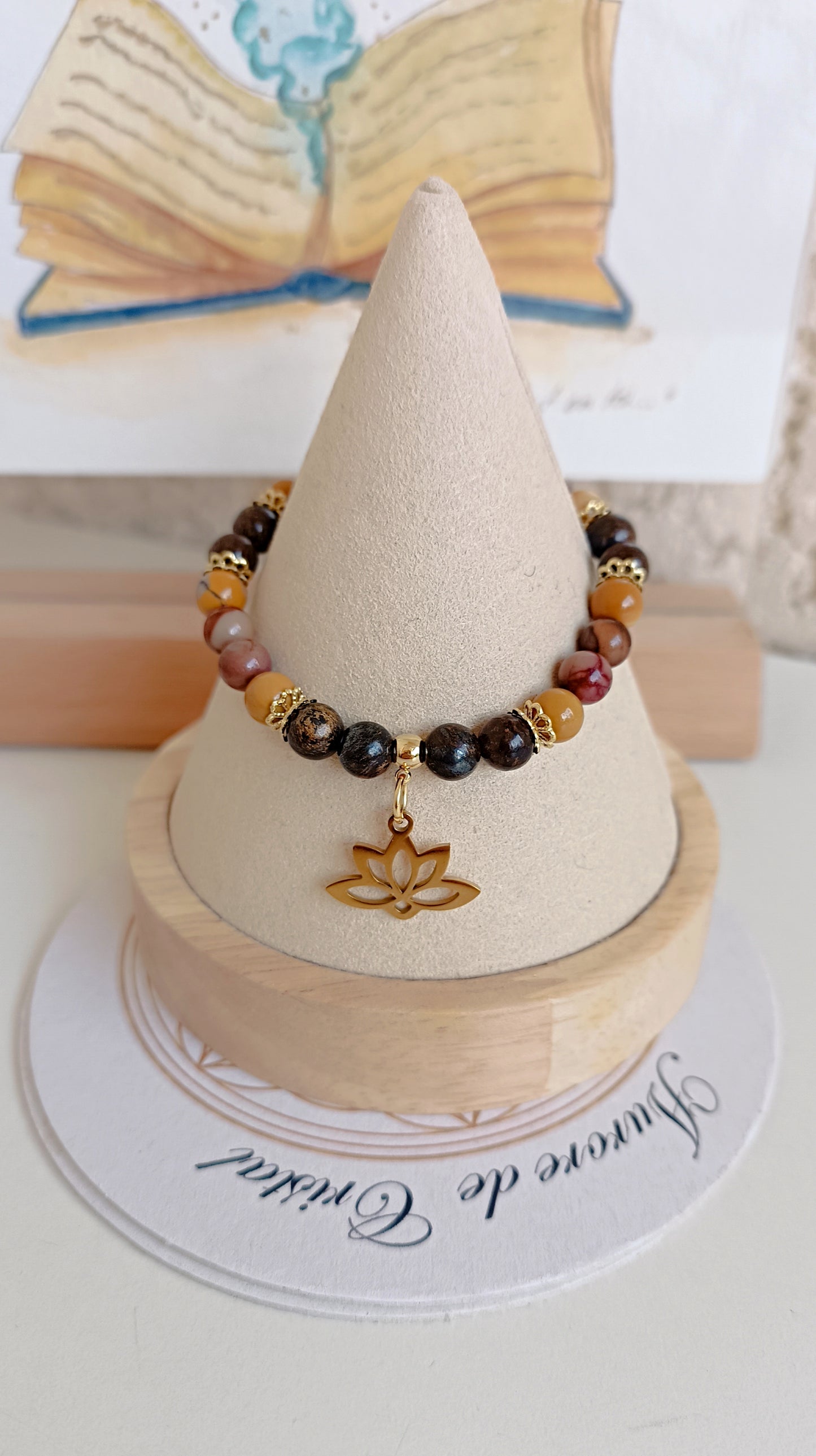 Bracelet heures miroir 06h06 jaspe mokaite bronzite  aurore de cristal  lotus artisanal