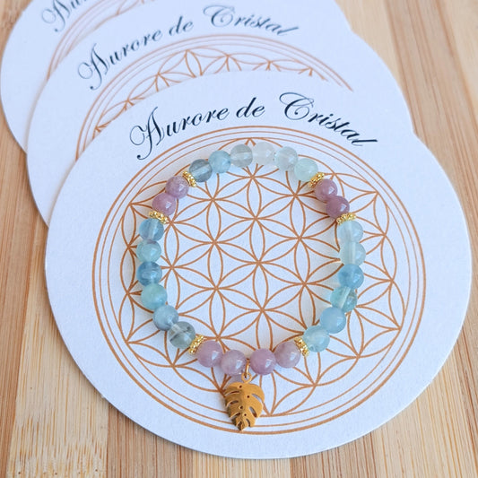 Bracelet heures miroirs 23h23 fluorite quartz rose aurore de cristal monstera doré 