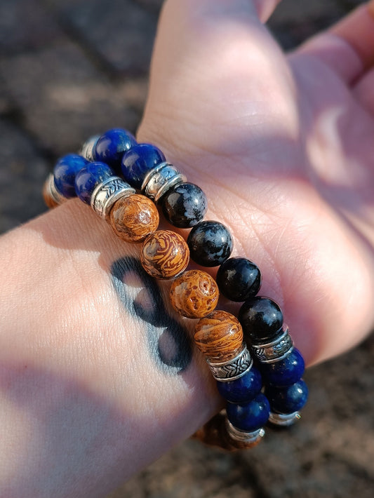 Bracelet intuitif pierre naturelles homme aurore de cristal gabbro jaspe bois lapis lazuli argent dépression soutient