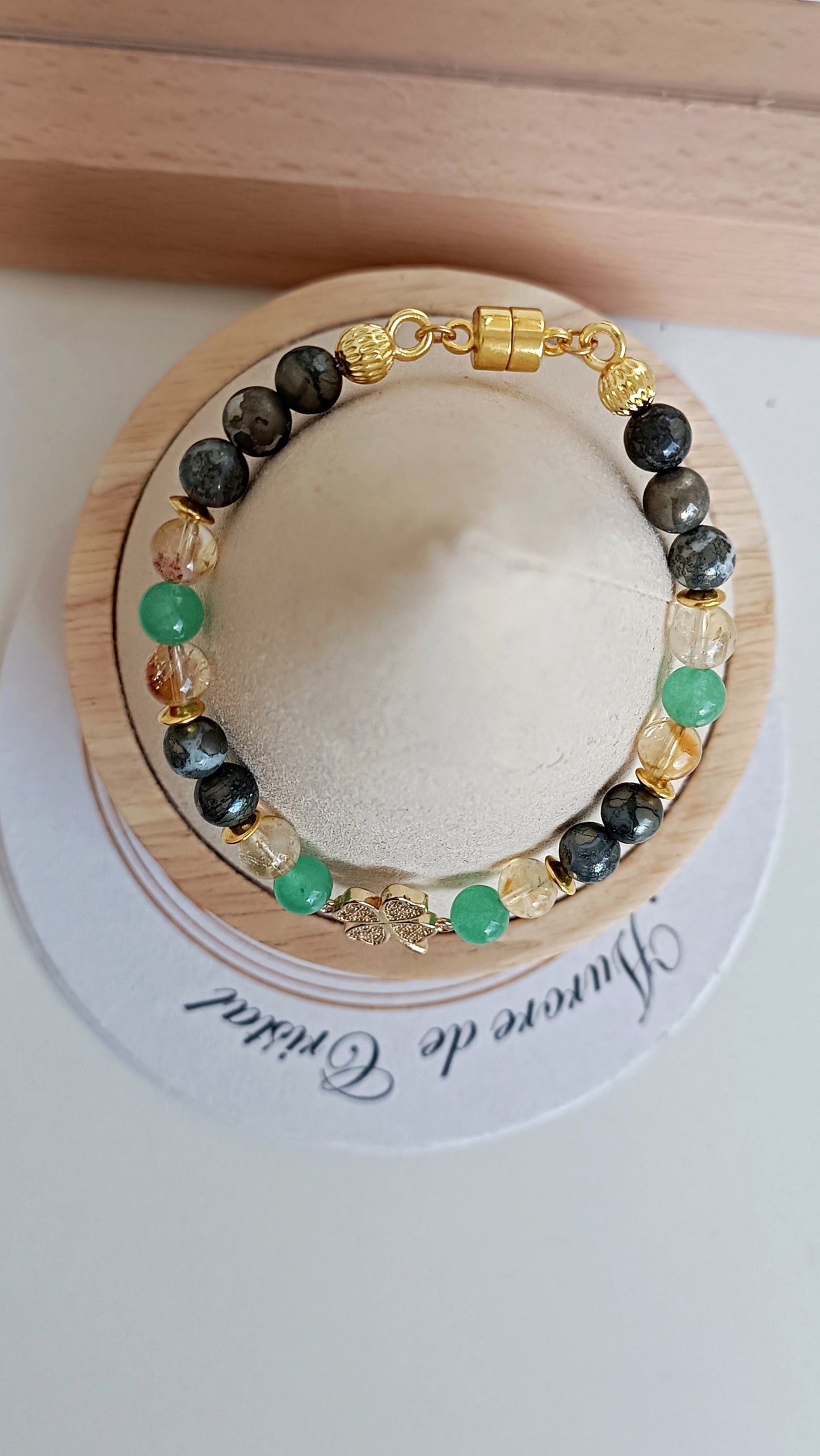Bracelet pierre naturelle heure miroirs 08h08 aventurine citrine pyrite aurore de cristal fait main trèfle doré strass plaqué or