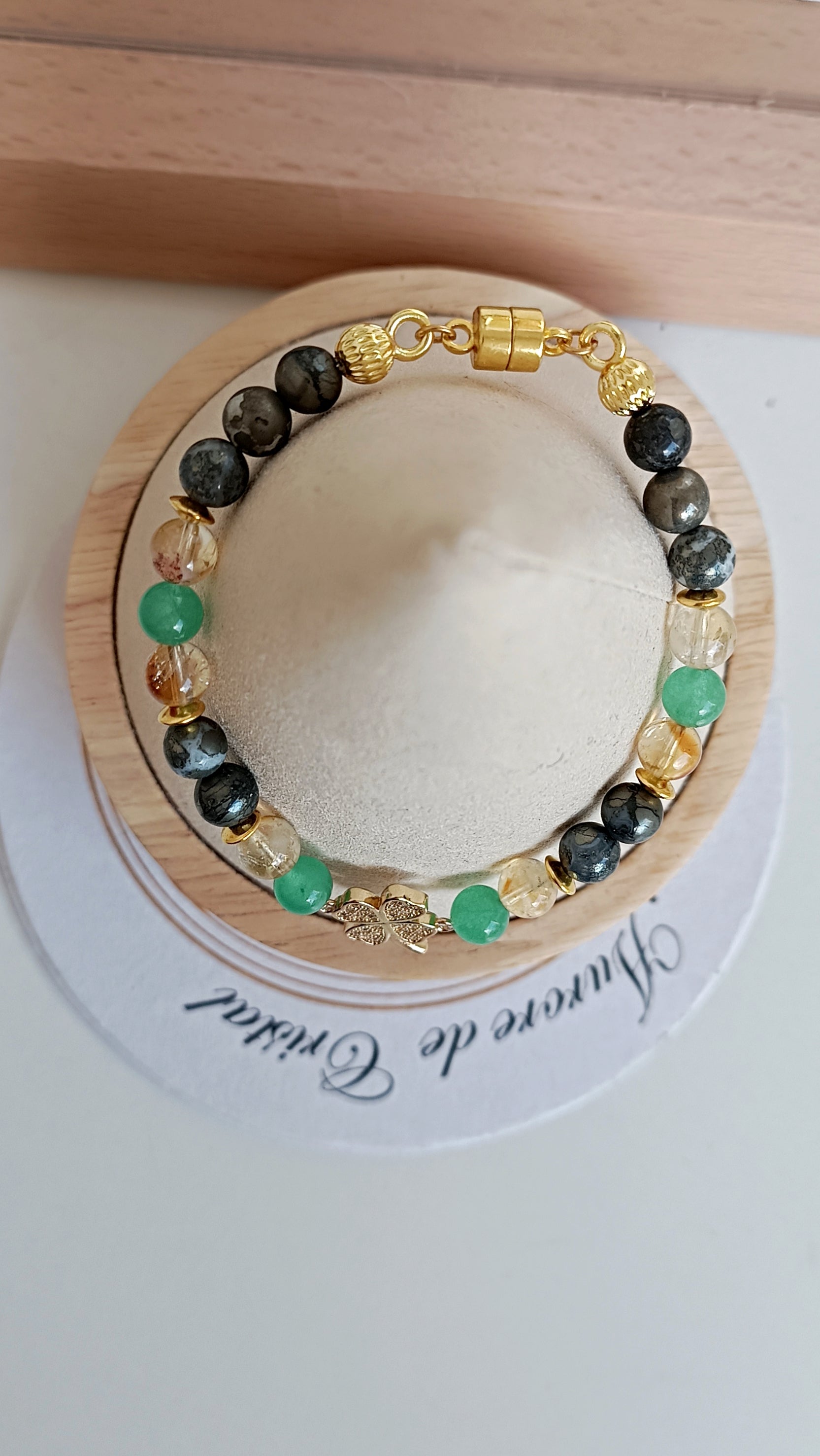 Bracelet pierre naturelle heure miroirs 08h08 aventurine citrine pyrite aurore de cristal fait main trèfle doré strass plaqué or