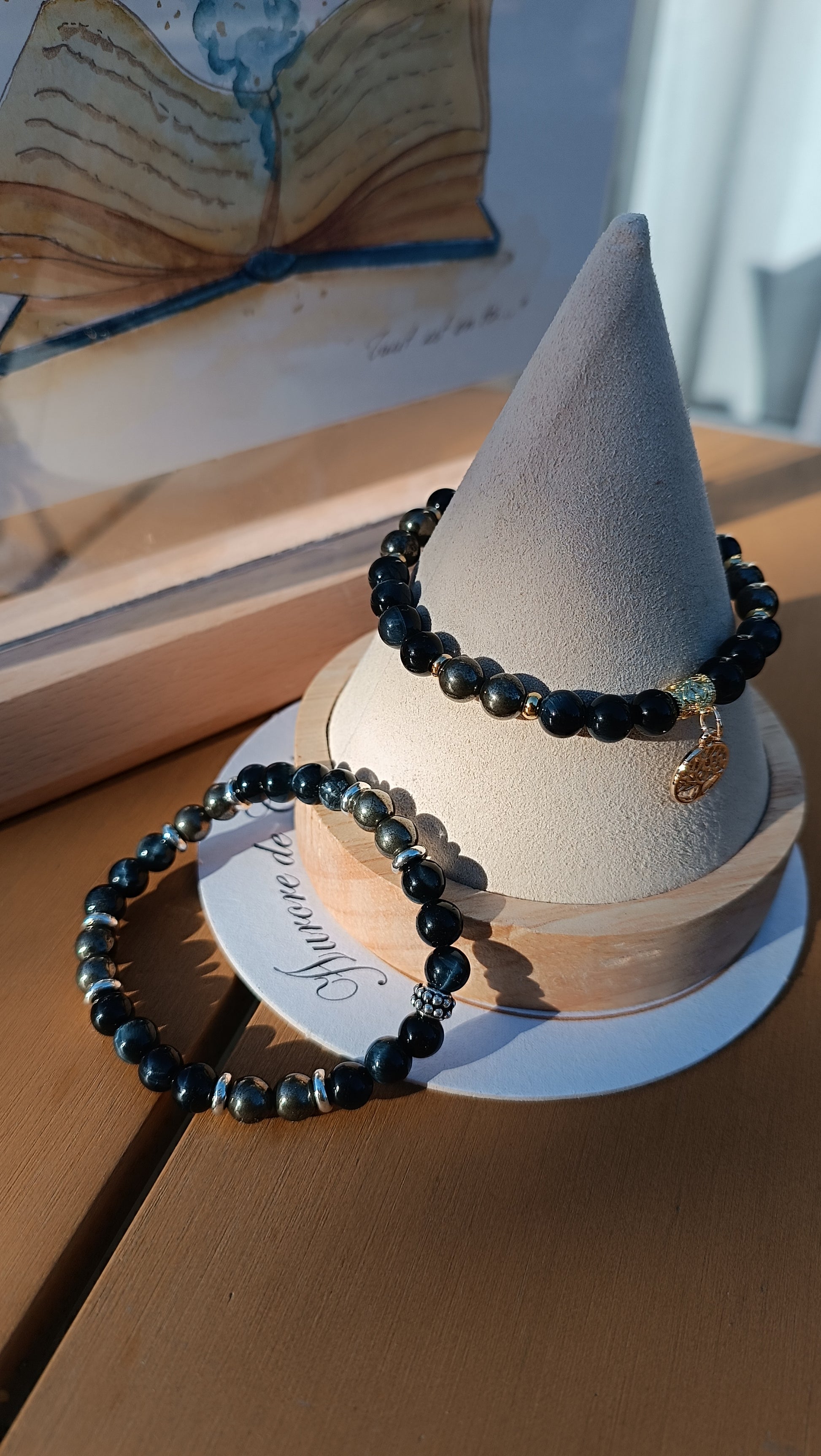 Bracelet pierre naturelle heure miroirs 10h10 œil de faucon pyrite aurore de cristal