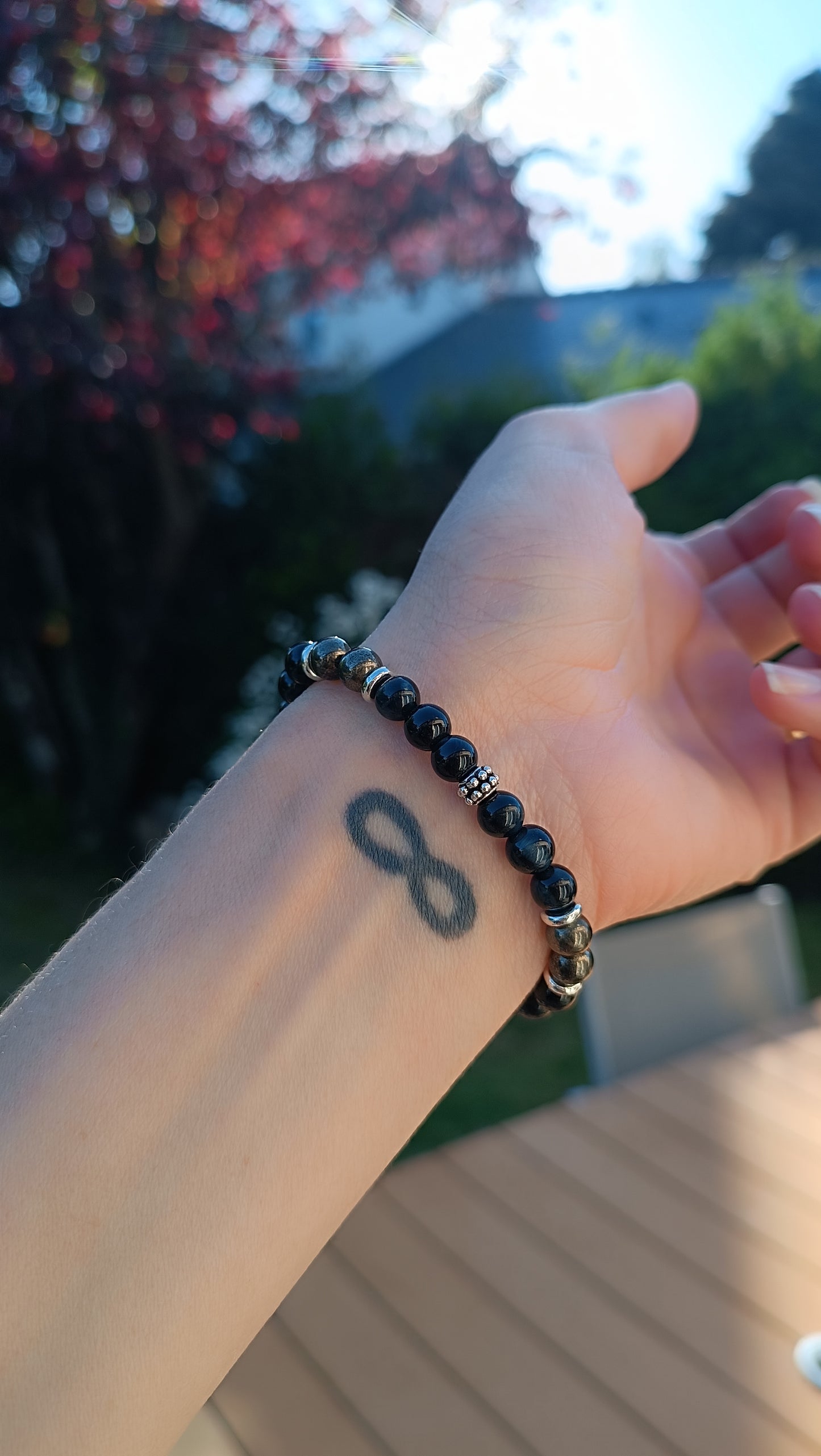 Bracelet pierre naturelle heure miroirs 10h10 œil de faucon pyrite aurore de cristal argenté