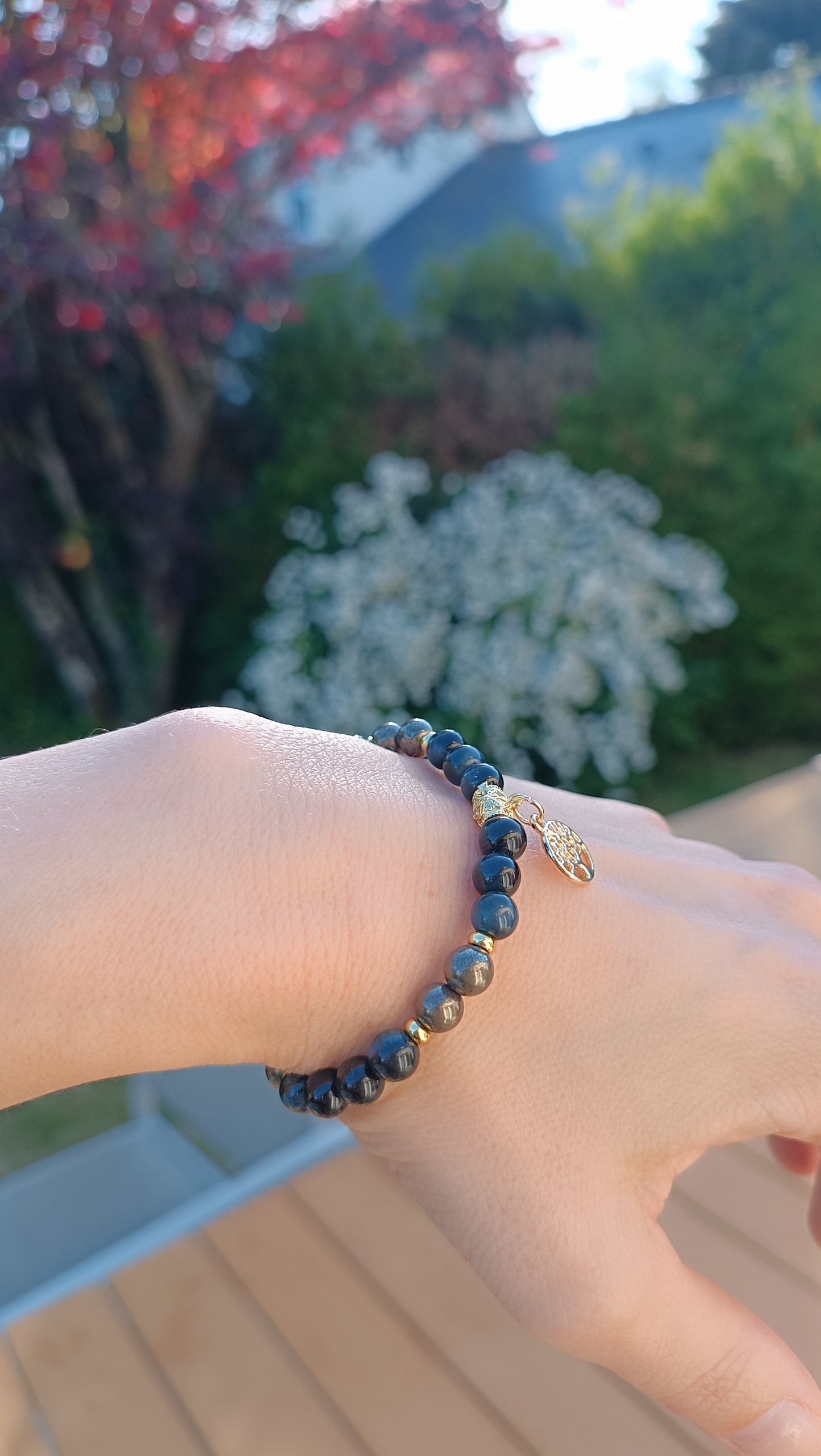 Bracelet pierre naturelle heure miroirs 10h10 œil de faucon pyrite aurore de cristal doré