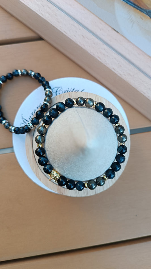 Bracelet pierre naturelle heure miroirs 10h10 œil de faucon pyrite aurore de cristal fait main