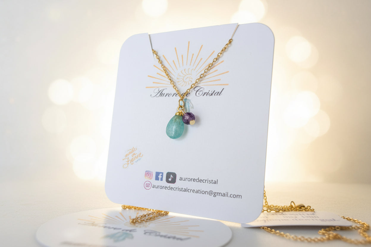 Collier Minéa en chaîne plaqué or avec mini pendentif composé d’une pierre d’amazonite et d’une perle d’améthyste facettée, bijou fin et minimaliste auroredecristal