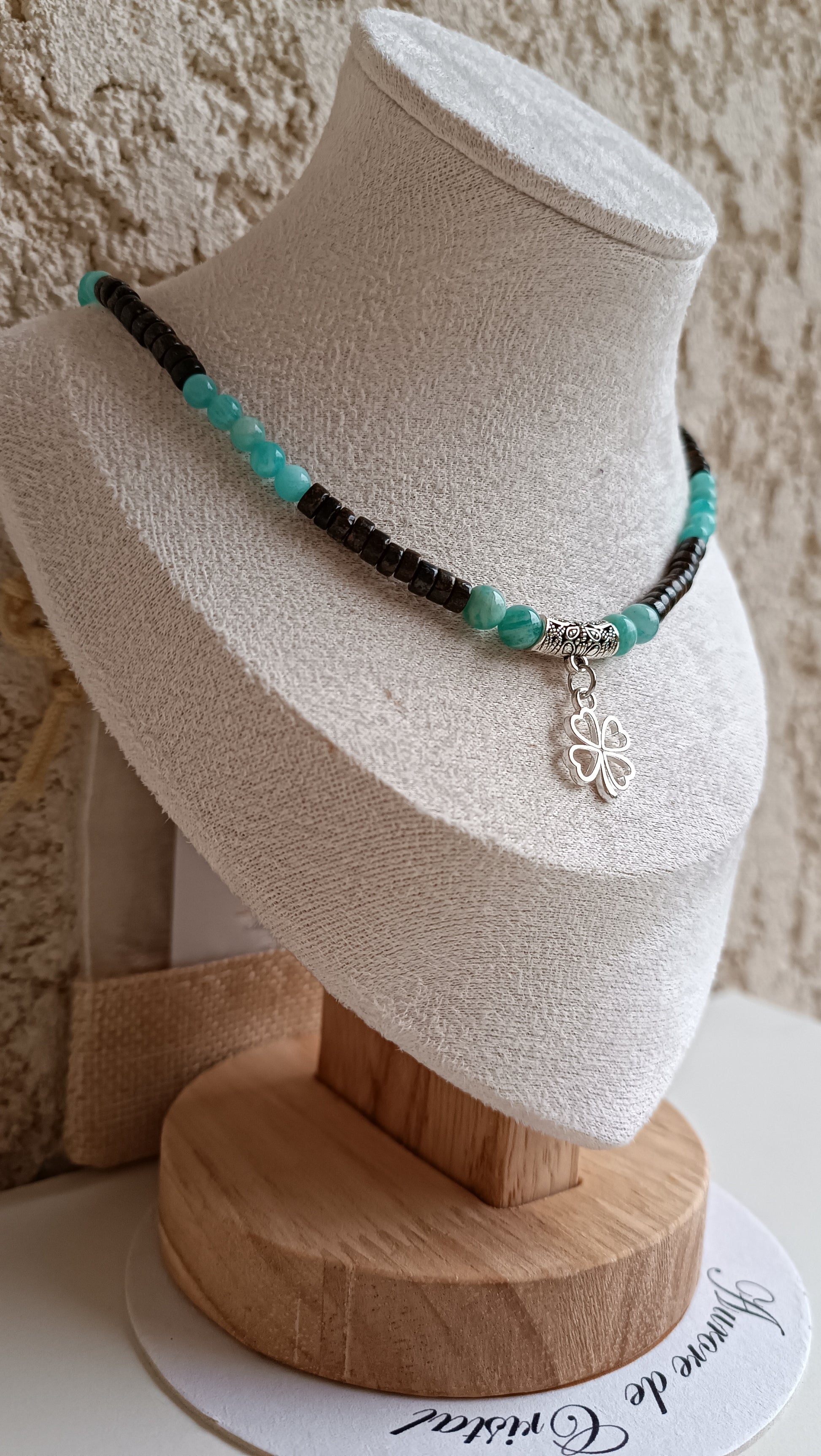 Collier Ras de Cou Amazonite et Bronzite trefle fait main artisanat aurore de cristal