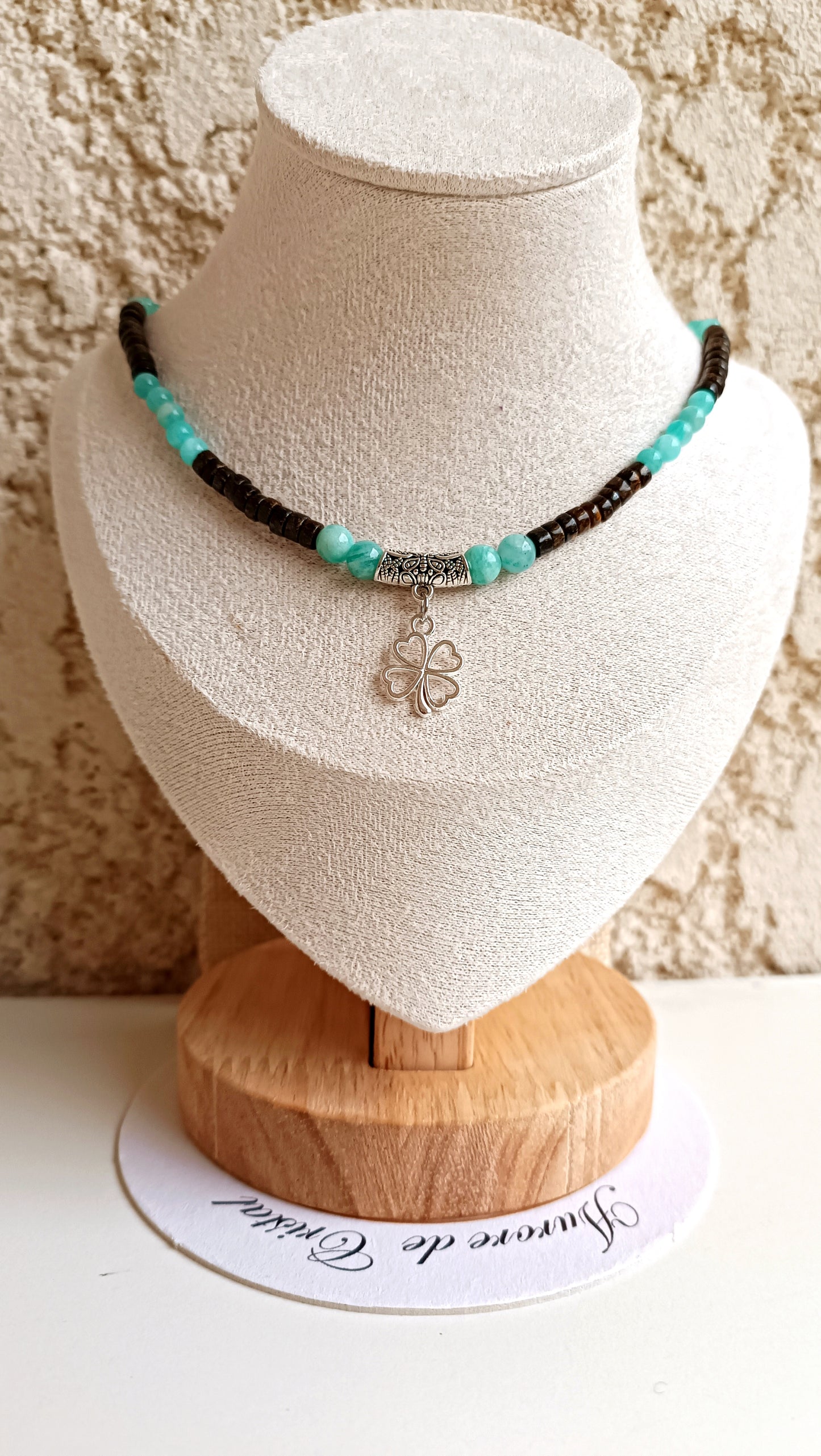 Collier Ras de Cou Amazonite et Bronzite trefle fait main artisanat aurore de cristal protection chance