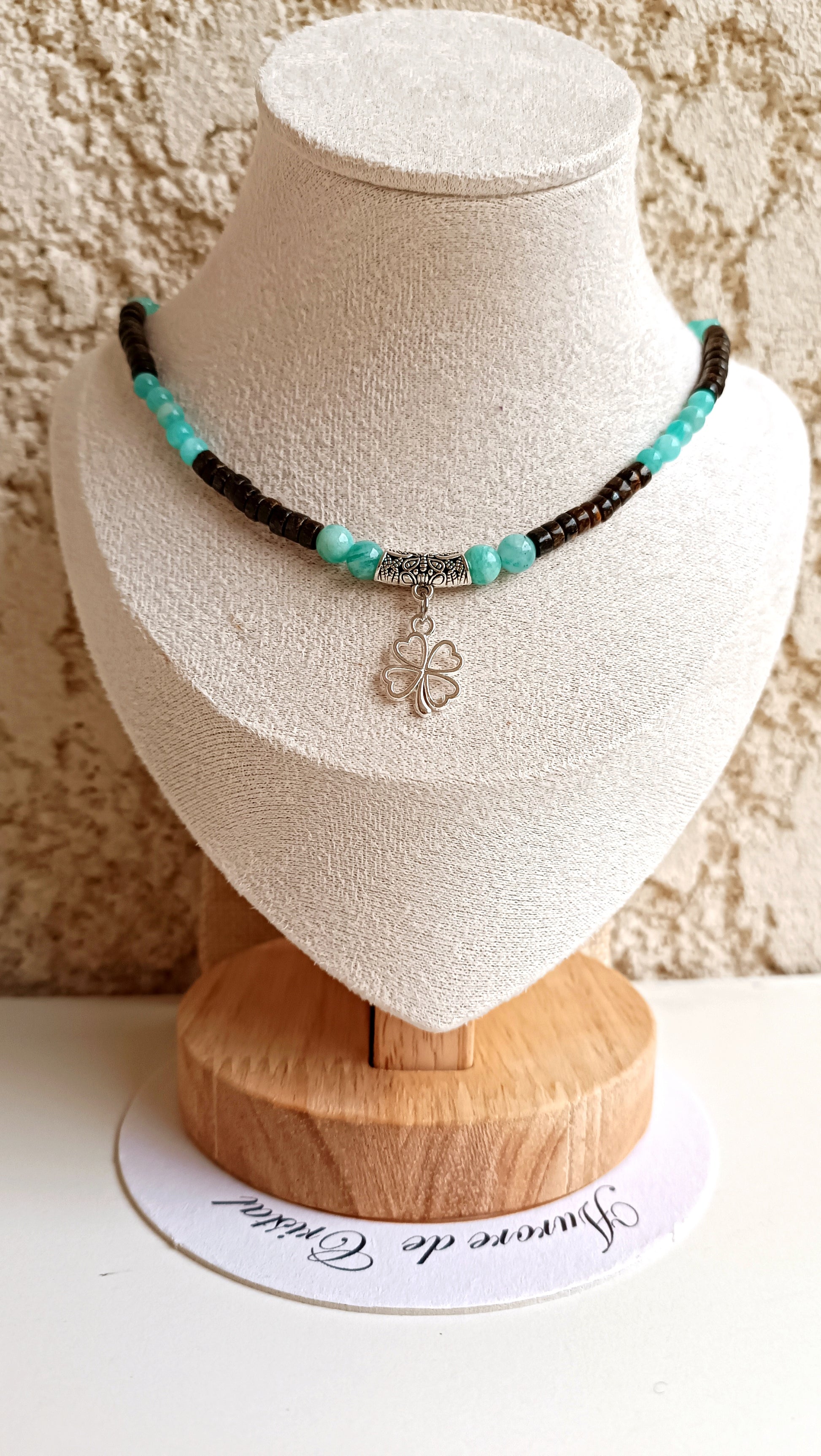Collier Ras de Cou Amazonite et Bronzite trefle fait main artisanat aurore de cristal protection chance