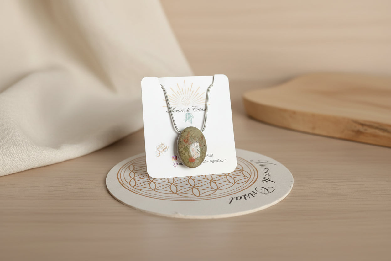 pendentif Unakite, collier Unakite, bijou pierre naturelle, collier acier inoxydable argenté, pendentif lithothérapie, idée cadeau pendentif pierre naturelle aurore de cristal
