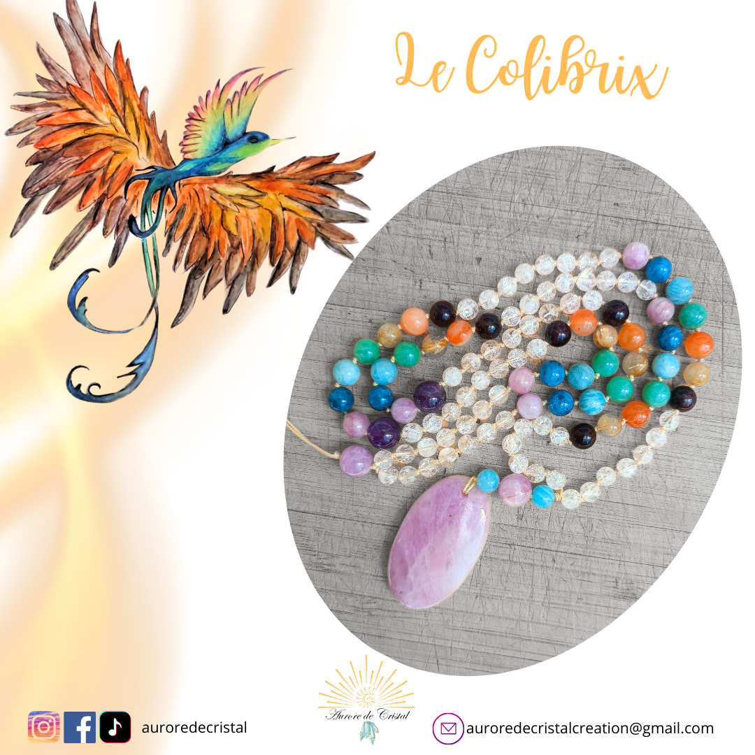 Le colibrix mala collier tibétain lithothérapie  auroredecristal grenat amazonite cornaline apatite kunzite quartz rutile améthyste lithothérapie