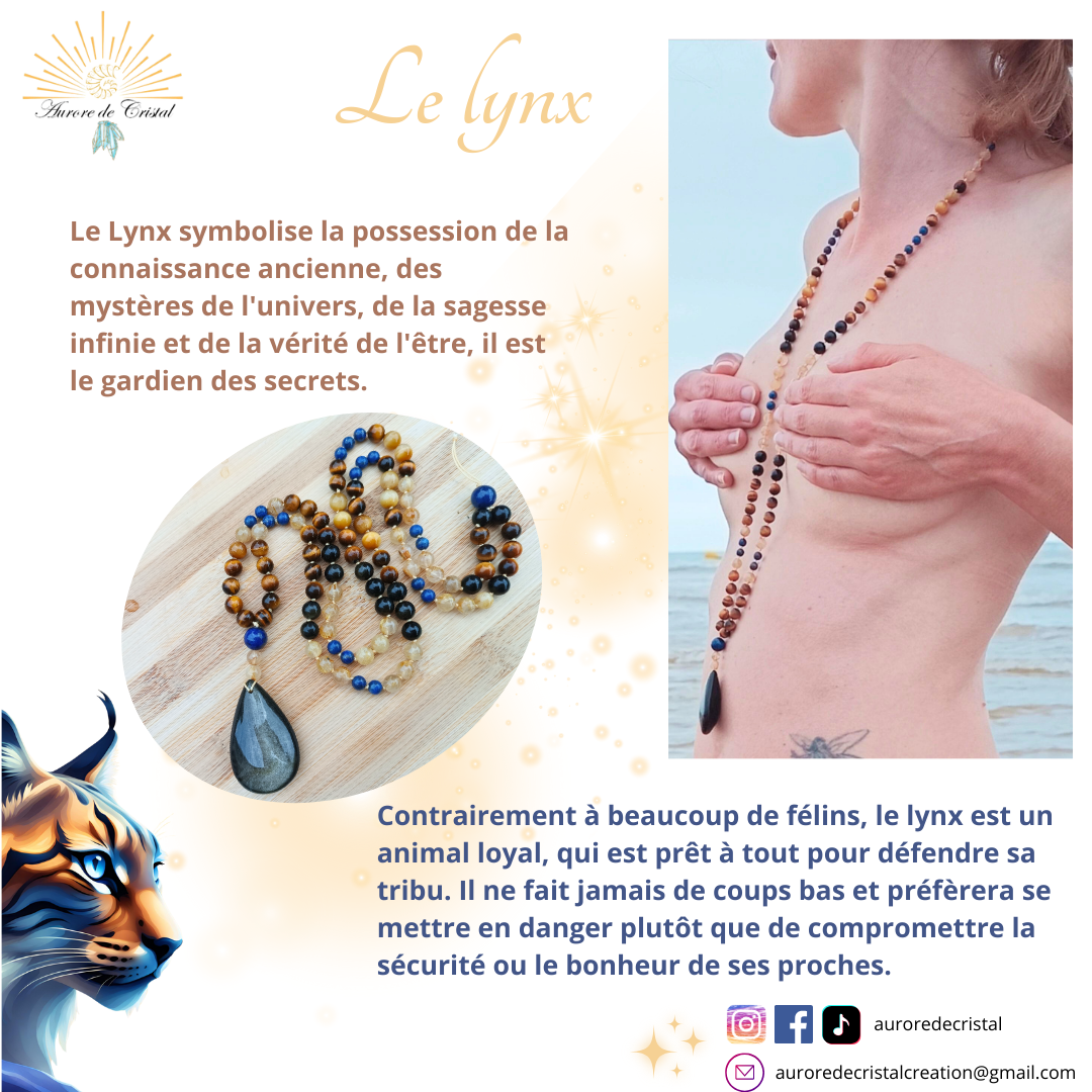 Mala prière tibétaine lynx œil de tigre quartz rutile spiritualité lapis lazuli obsidienne dore  lithothérapie