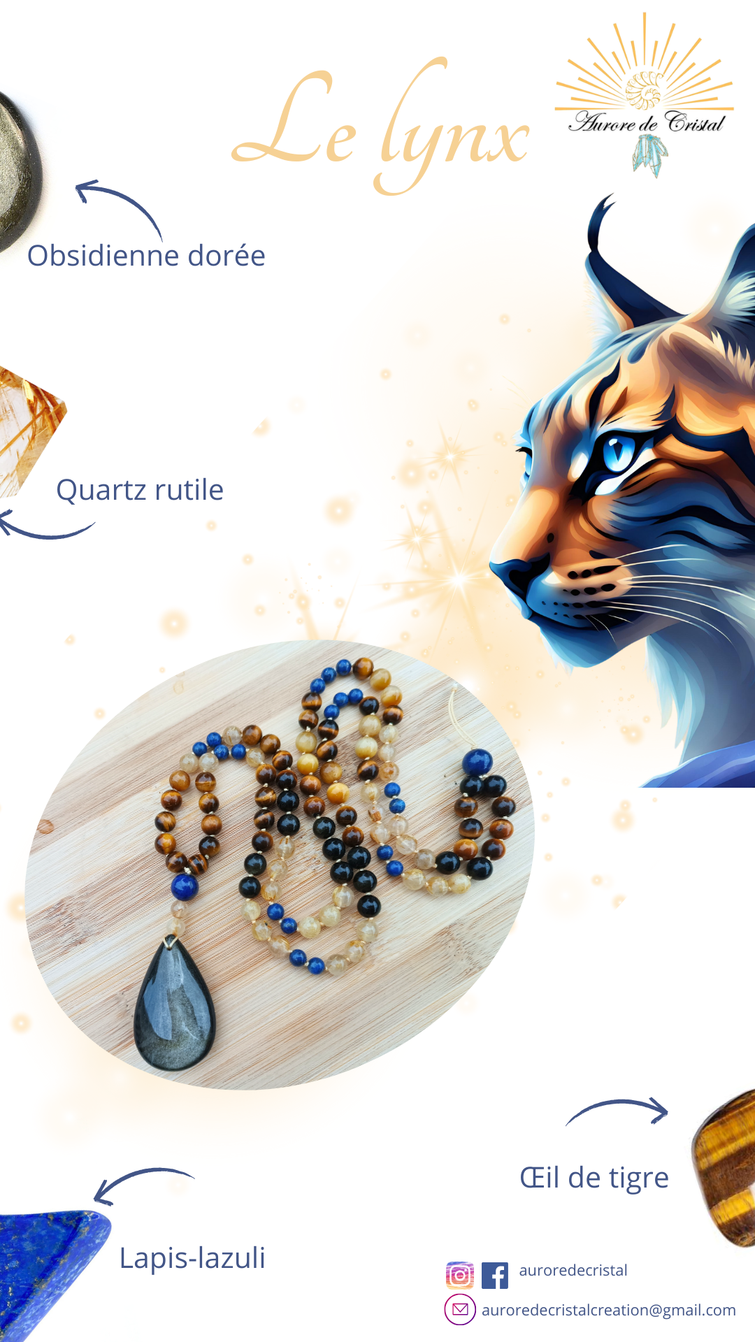 Mala prière tibétaine lynx œil de tigre quartz rutile spiritualité lapis lazuli obsidienne doré lithothérapie médiation 