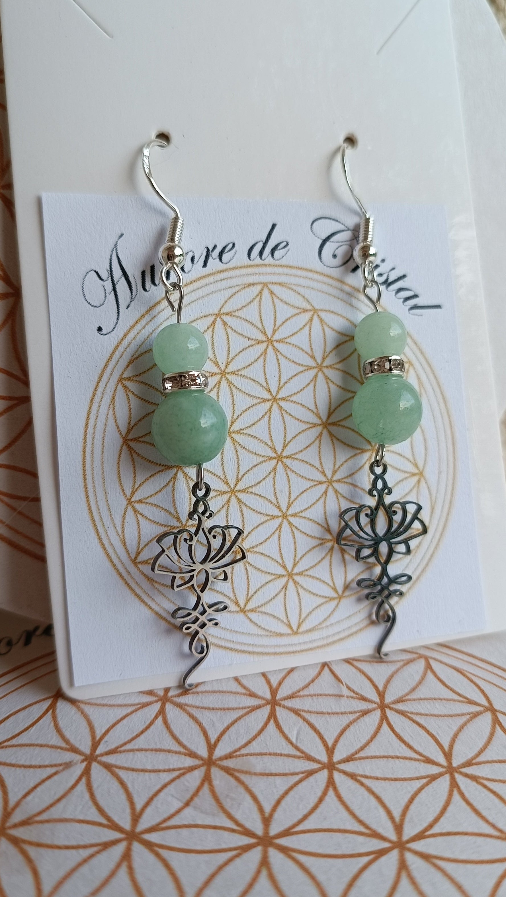 aurore de cristal Boucle d'oreille unalom jade chance vert  argenté