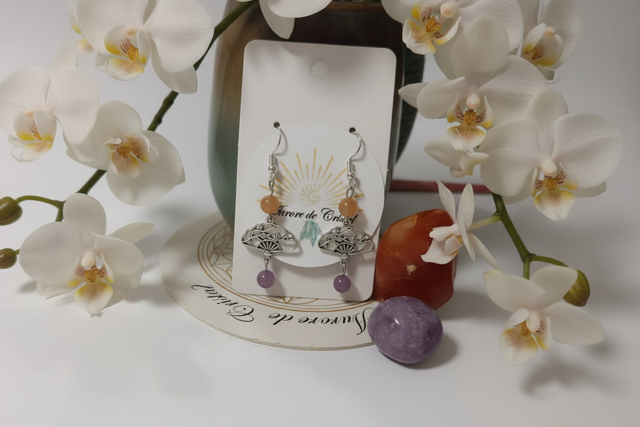 boucles d’oreilles éventail, boucles d’oreilles argentées, boucles d’oreilles acier inoxydable, boucles d’oreilles hypoallergéniques, boucles d’oreilles pierres naturelles, lépidolite, cornaline, onyx, agate mousse, bijou femme