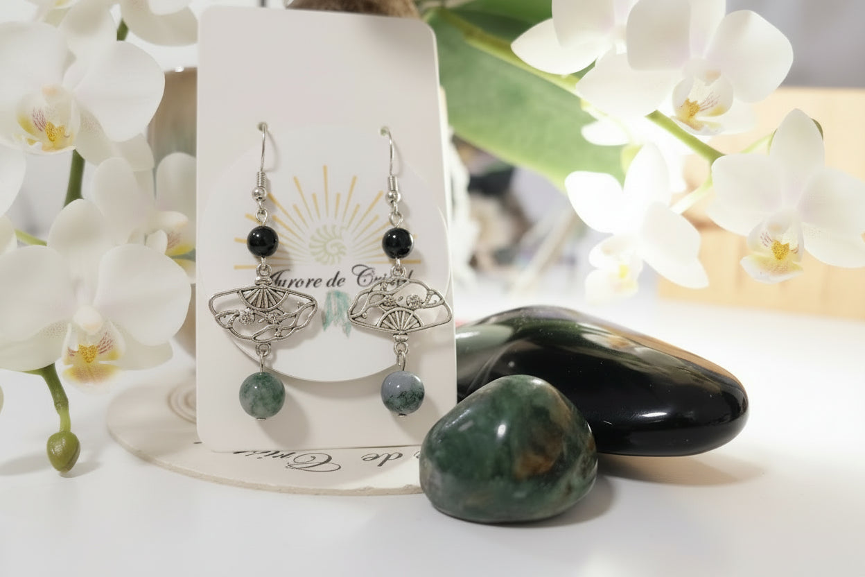 boucles d’oreilles éventail, boucles d’oreilles argentées, boucles d’oreilles acier inoxydable, boucles d’oreilles hypoallergéniques, boucles d’oreilles pierres naturelles, lépidolite, cornaline, onyx, agate mousse, bijou femme
