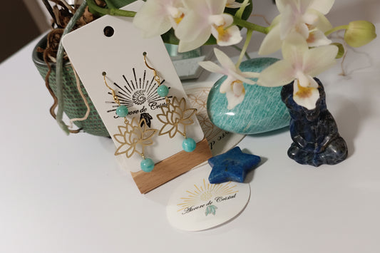 boucles d’oreilles lotus, boucles d’oreilles acier inoxydable, boucles d’oreilles hypoallergéniques, boucles d’oreilles dorées, boucles d’oreilles argentées, boucles d’oreilles pierres naturelles, amazonite, lapis-lazuli, bijou femme