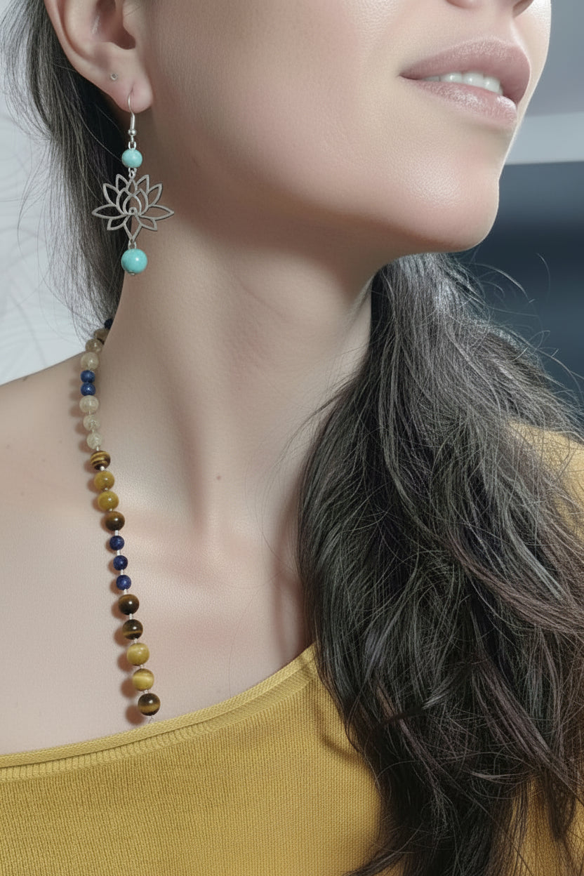 boucles d’oreilles lotus, boucles d’oreilles acier inoxydable, boucles d’oreilles hypoallergéniques, boucles d’oreilles dorées, boucles d’oreilles argentées, boucles d’oreilles pierres naturelles, amazonite, lapis-lazuli, bijou femme