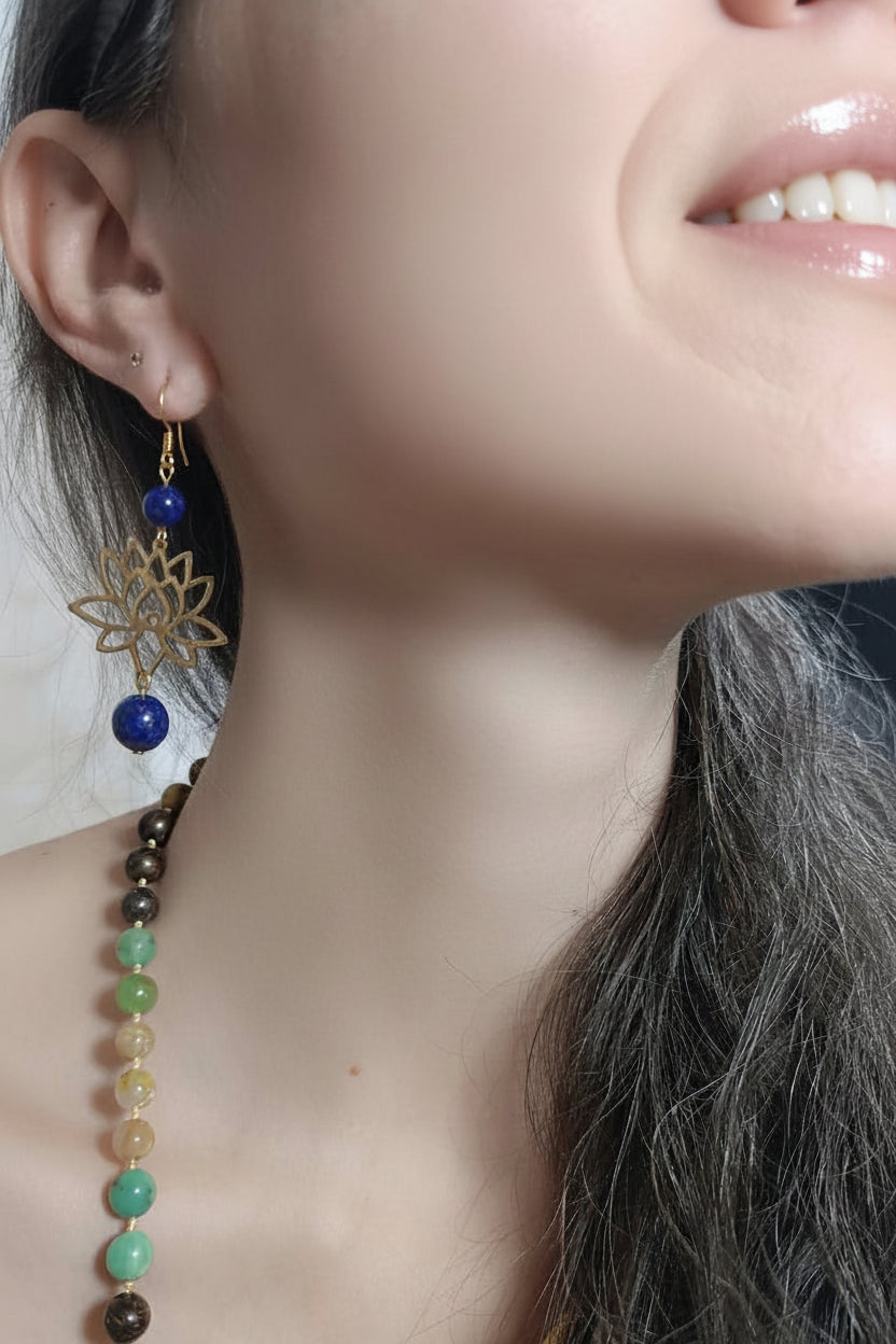 boucles d’oreilles lotus, boucles d’oreilles acier inoxydable, boucles d’oreilles hypoallergéniques, boucles d’oreilles dorées, boucles d’oreilles argentées, boucles d’oreilles pierres naturelles, amazonite, lapis-lazuli, bijou femme