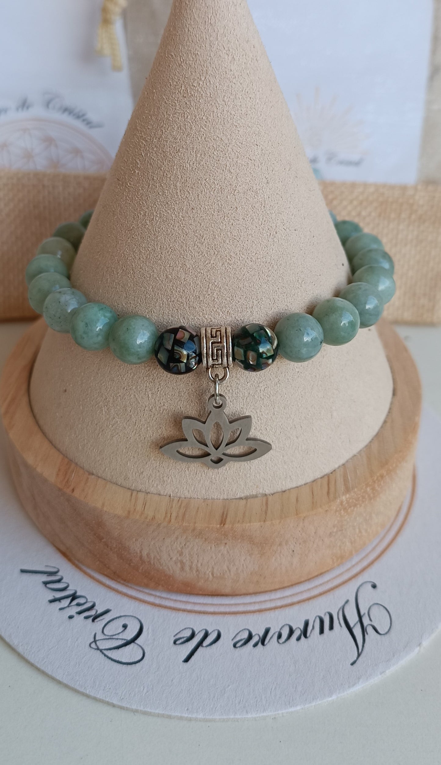bracelet jadéite nacre d'abalone aurore de cristal lotus acier inoxydable pierres naturelles protection chance harmonie Guérison Résilience 