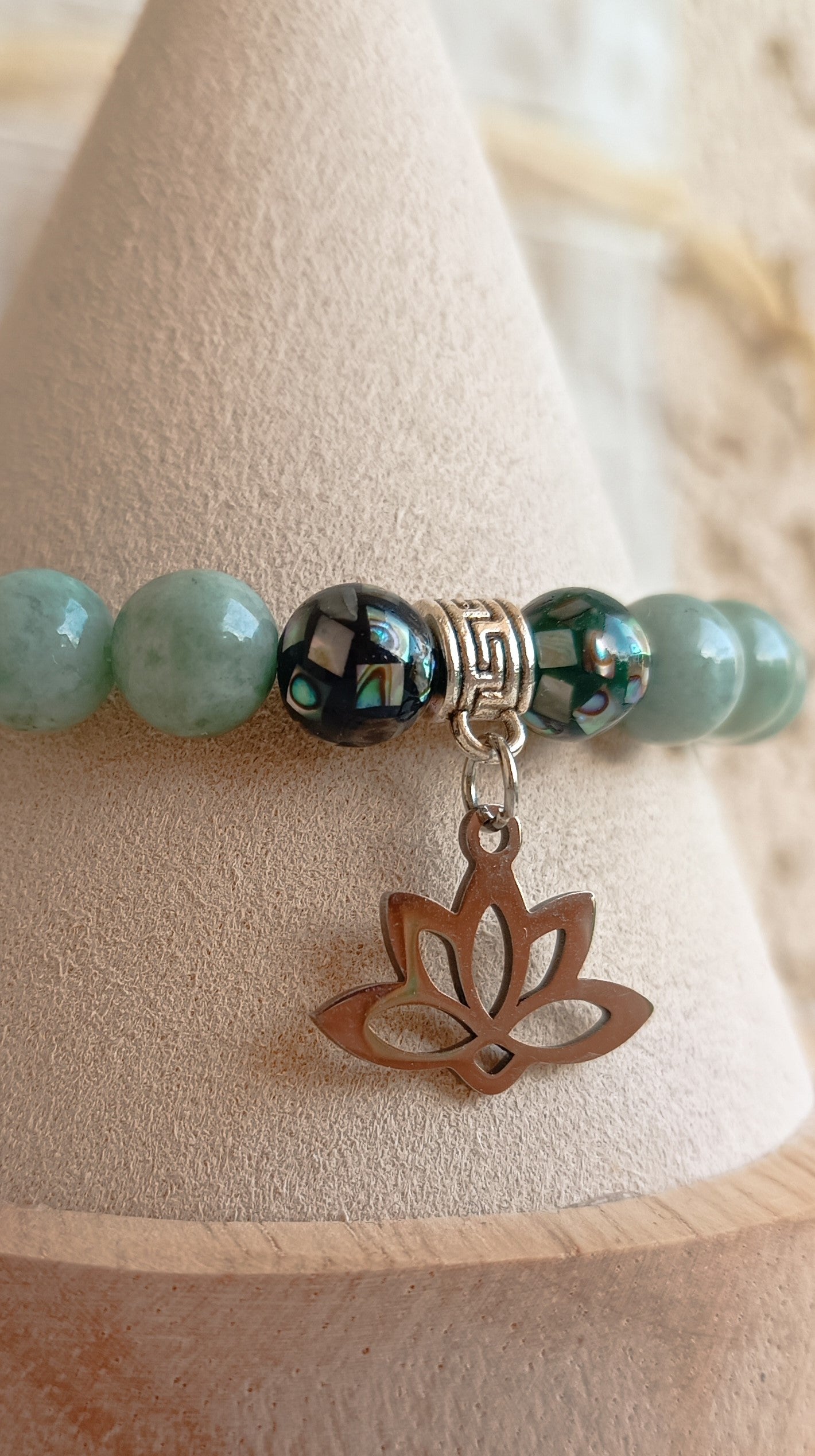 bracelet jadéite nacre d'abalone aurore de cristal lotus acier inoxydable pierres naturelles protection chance harmonie Guérison Résilience 