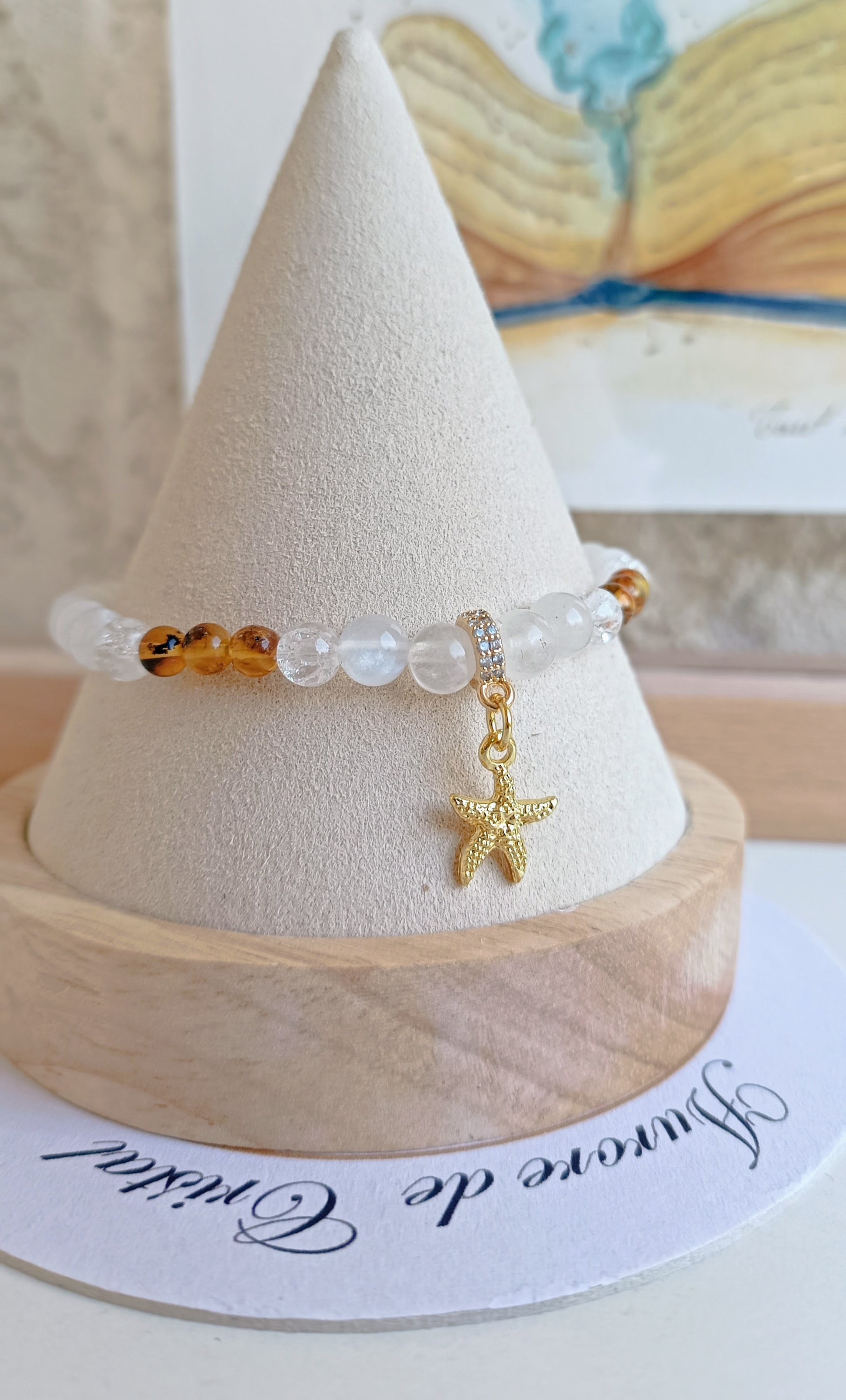 bracelet pierres naturelles ambre cristal de roche pierre de lune etoile plaqué or aurore de cristal 6mm