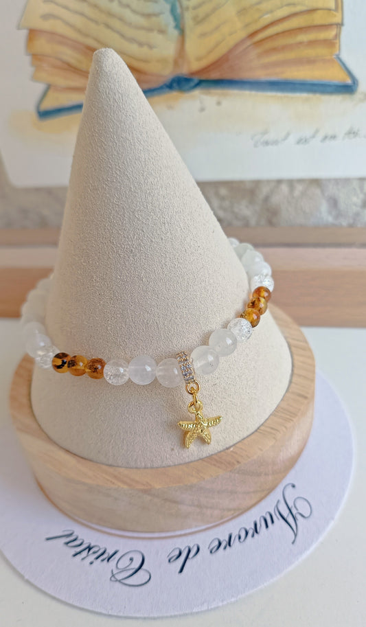 bracelet pierres naturelles ambre cristal de roche pierre de lune etoile plaqué or aurore de cristal 6mm mademoiselle audrina