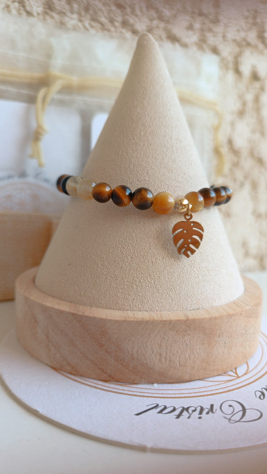 bracelet pierres naturelles aurore de cristal obsidienne doré lapis lazuli œil de tigre feuille de monstera plaqué or protection confiance en soi vérité