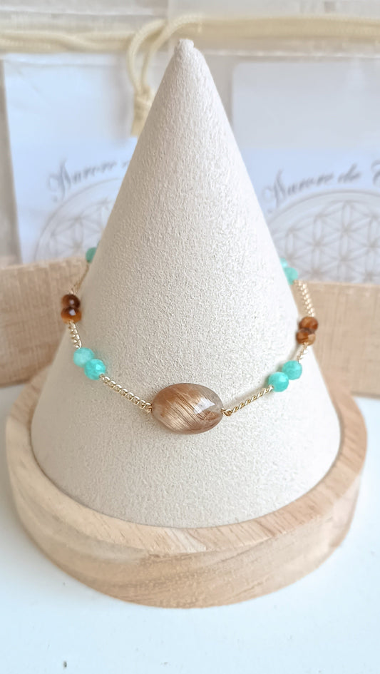 bracelet plaqué or chaine cabochon quartz rutile perle facette amazonite aurore de cristal pierres naturelle apaisement pierre verseau