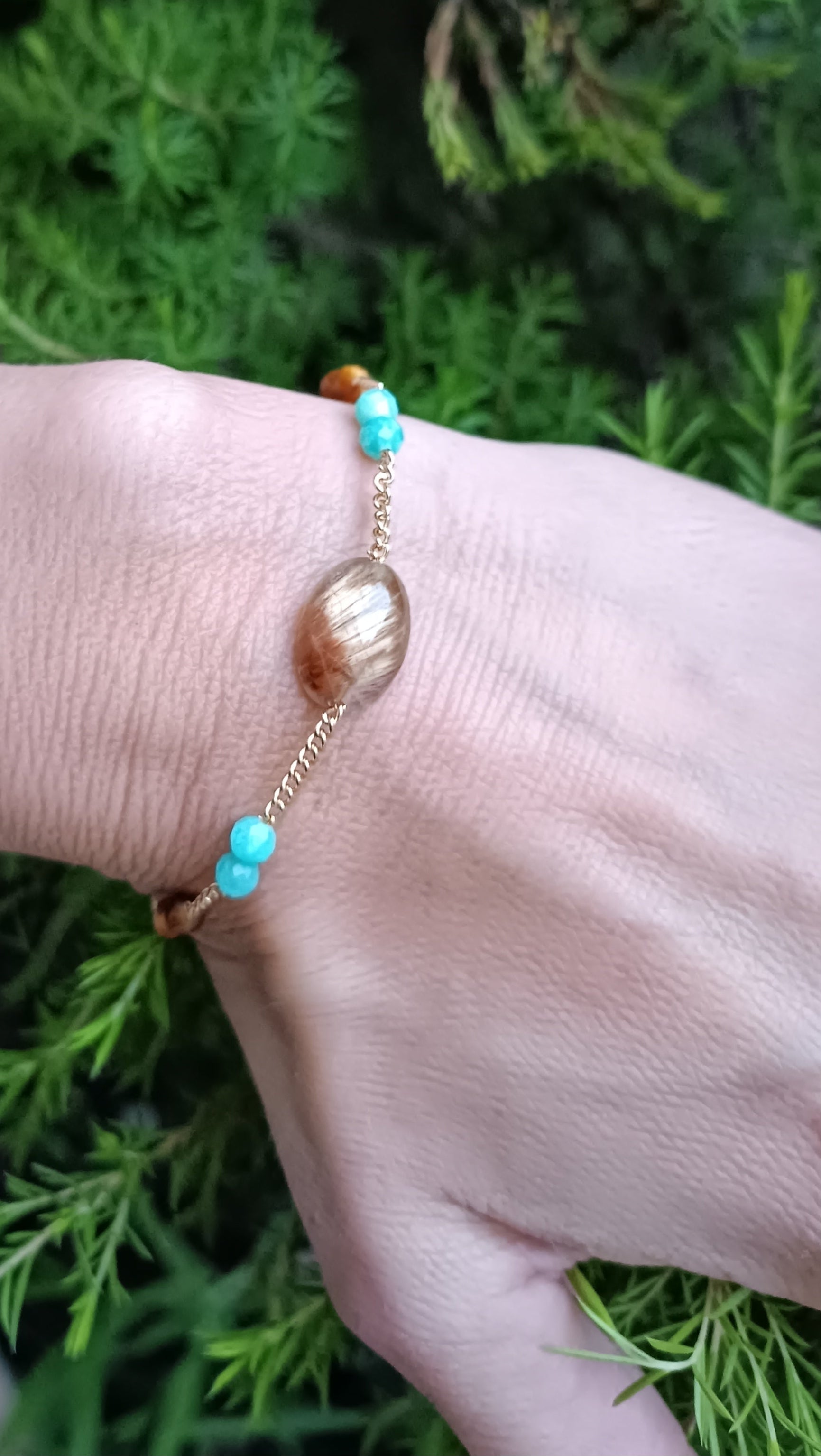 bracelet plaqué or chaine cabochon quartz rutile perle facette amazonite aurore de cristal pierres naturelle