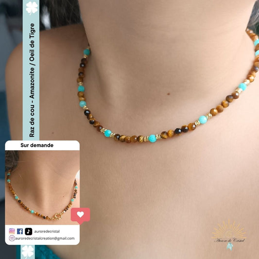 collier Oeildetigre amazonite acier inoxydable aurore de cristal